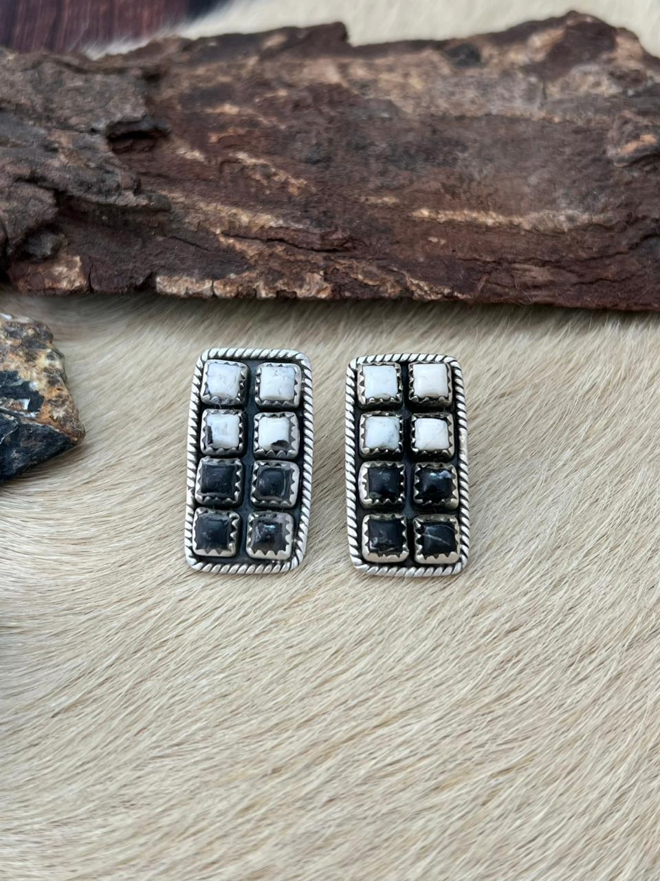 Handmade Sterling Silver White Buffalo Post Studs Earrings "Signed Nizhoni"