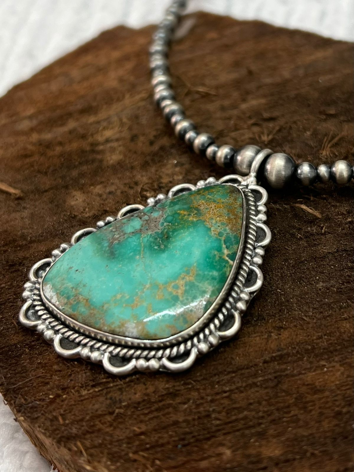 Handmade Sterling Silver Beaded Mantis Turquoise Necklace "Signed Nizhoni"