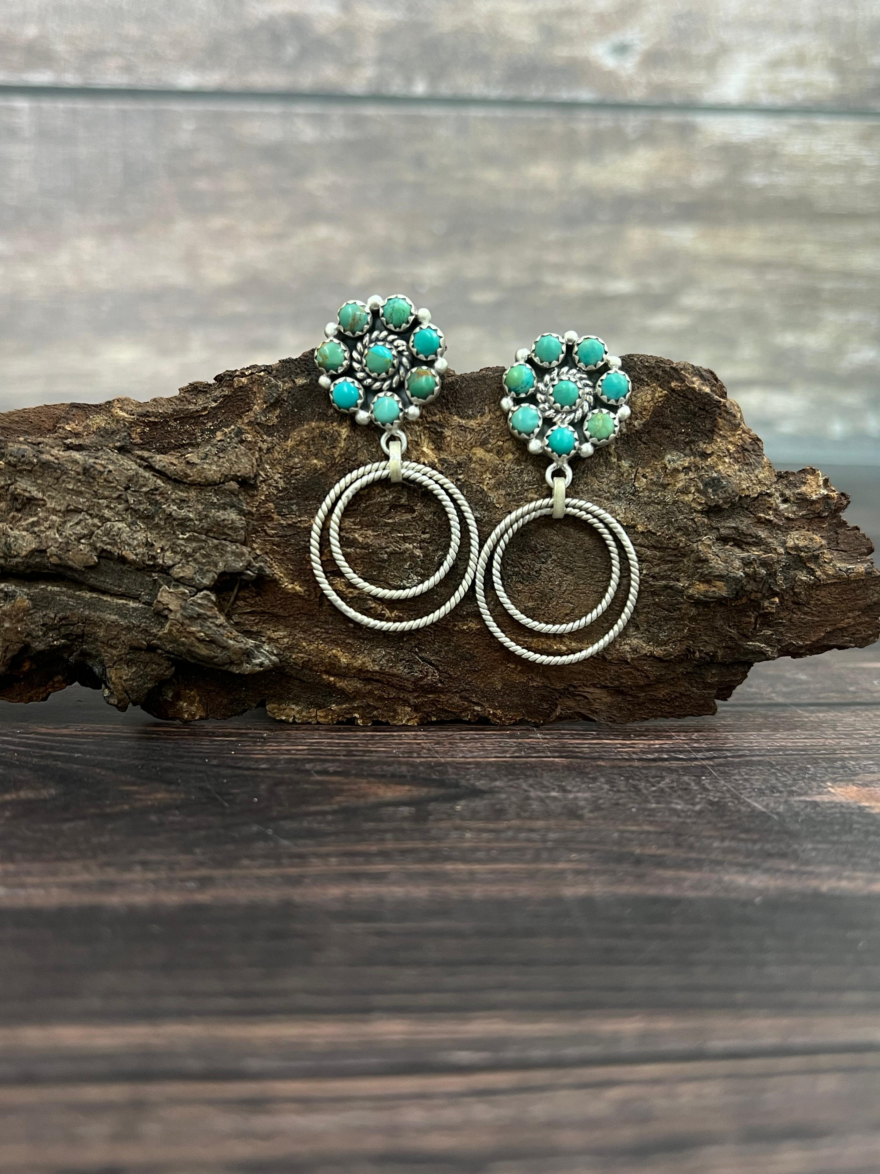 Handmade Sterling Silver Kingman Turquoise Post Dangle Earrings with Signed Nizhoni