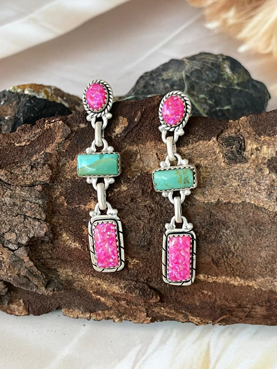 Handmade Sterling Silver Spring Collection: Hot Pink with Kingman Post Dangle Earrings "Signed Nizhoni"