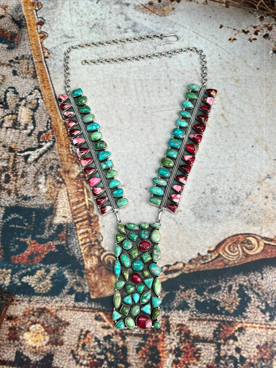 Handmade Sterling Silver Dahlia Rose with Emerald Valley Turquoise Necklace "Signed Nizhoni"