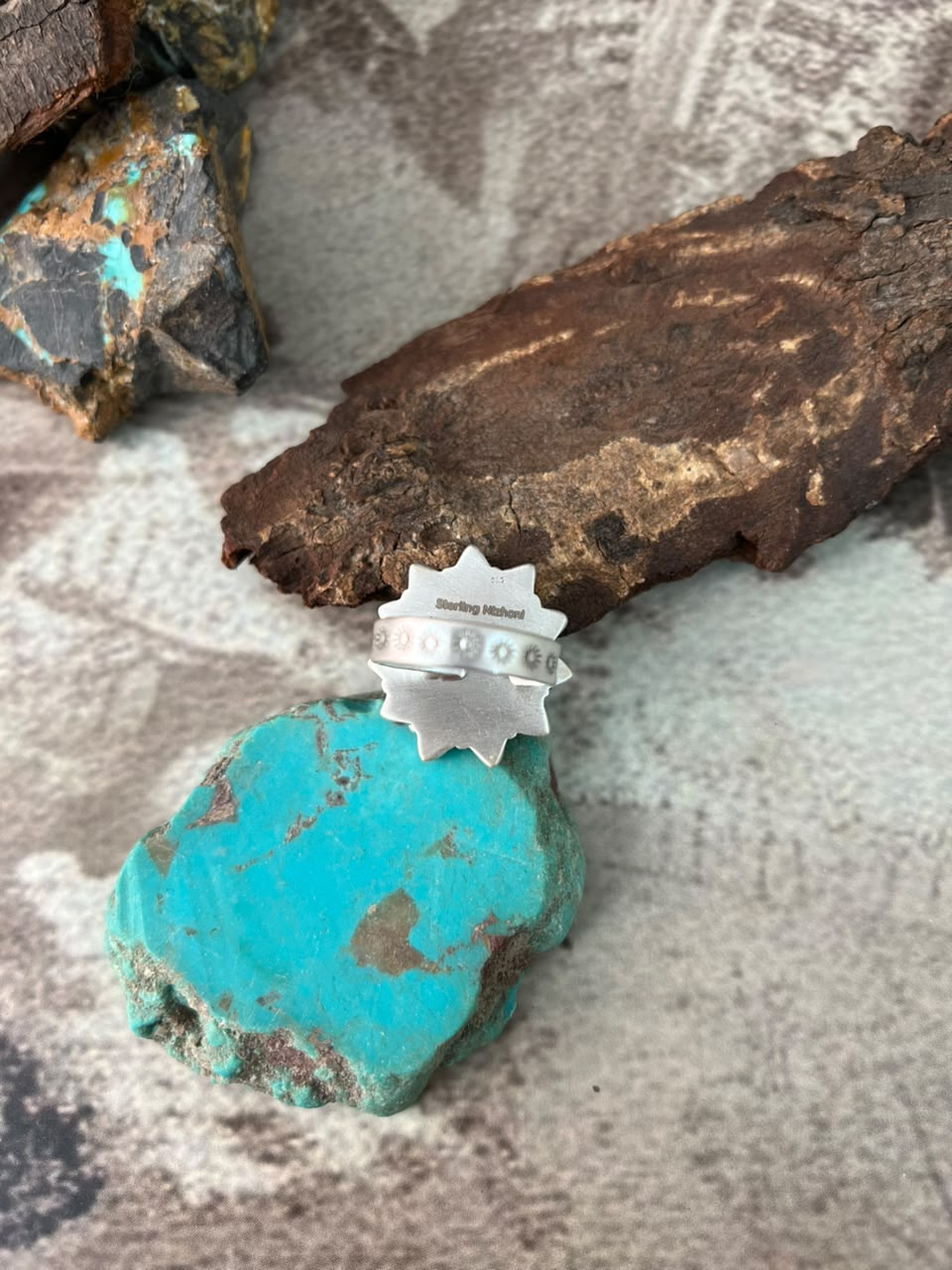 Handmade Sterling Silver Kingman Turquoise with Orange Mojave Adjustable Ring Signed Nizhoni
