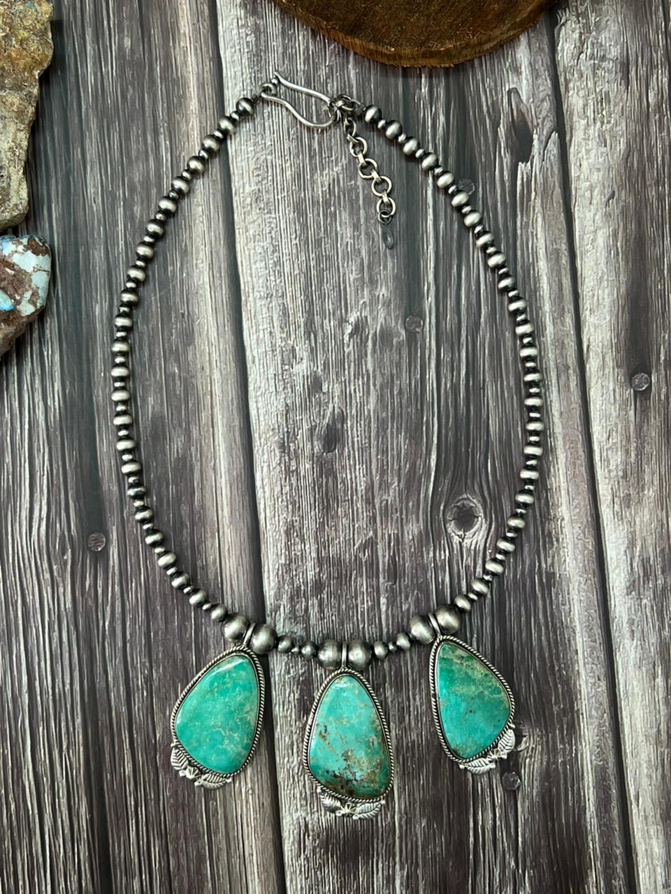 Handmade Sterling Silver Beaded Mantis Turquoise Necklace "Signed Nizhoni"