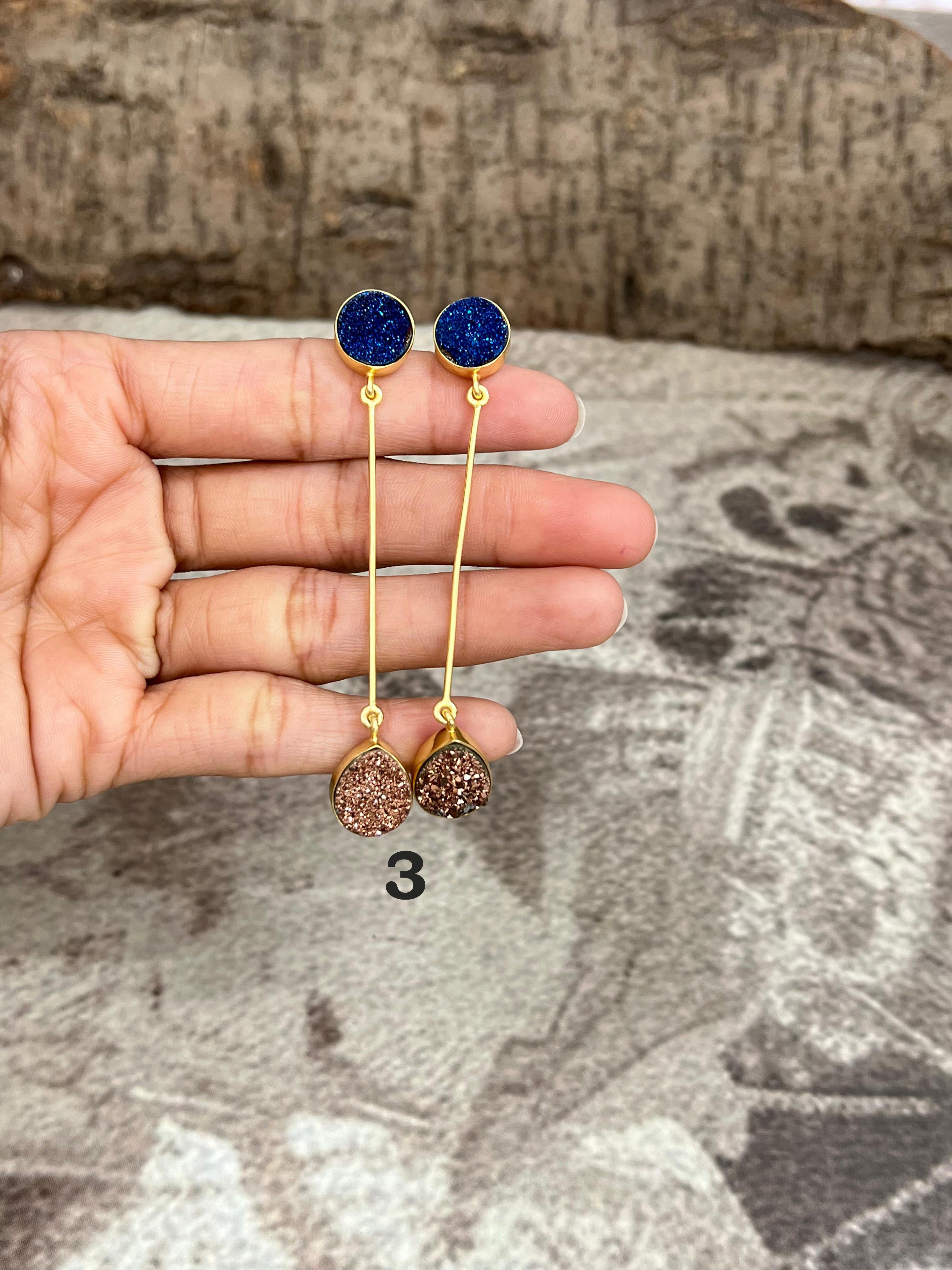 “The Boho Collection” Handmade Natural 2 Druzy Stone Post Dangle Earrings