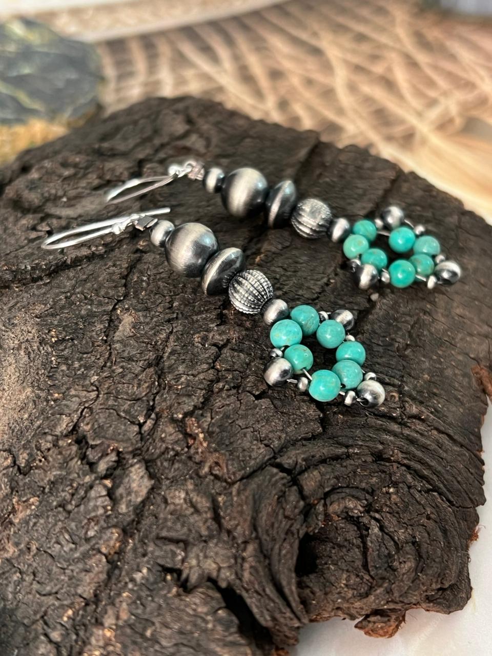 Handmade Sterling Silver Kingman Turquoise Hook Dangle Beaded Earrings