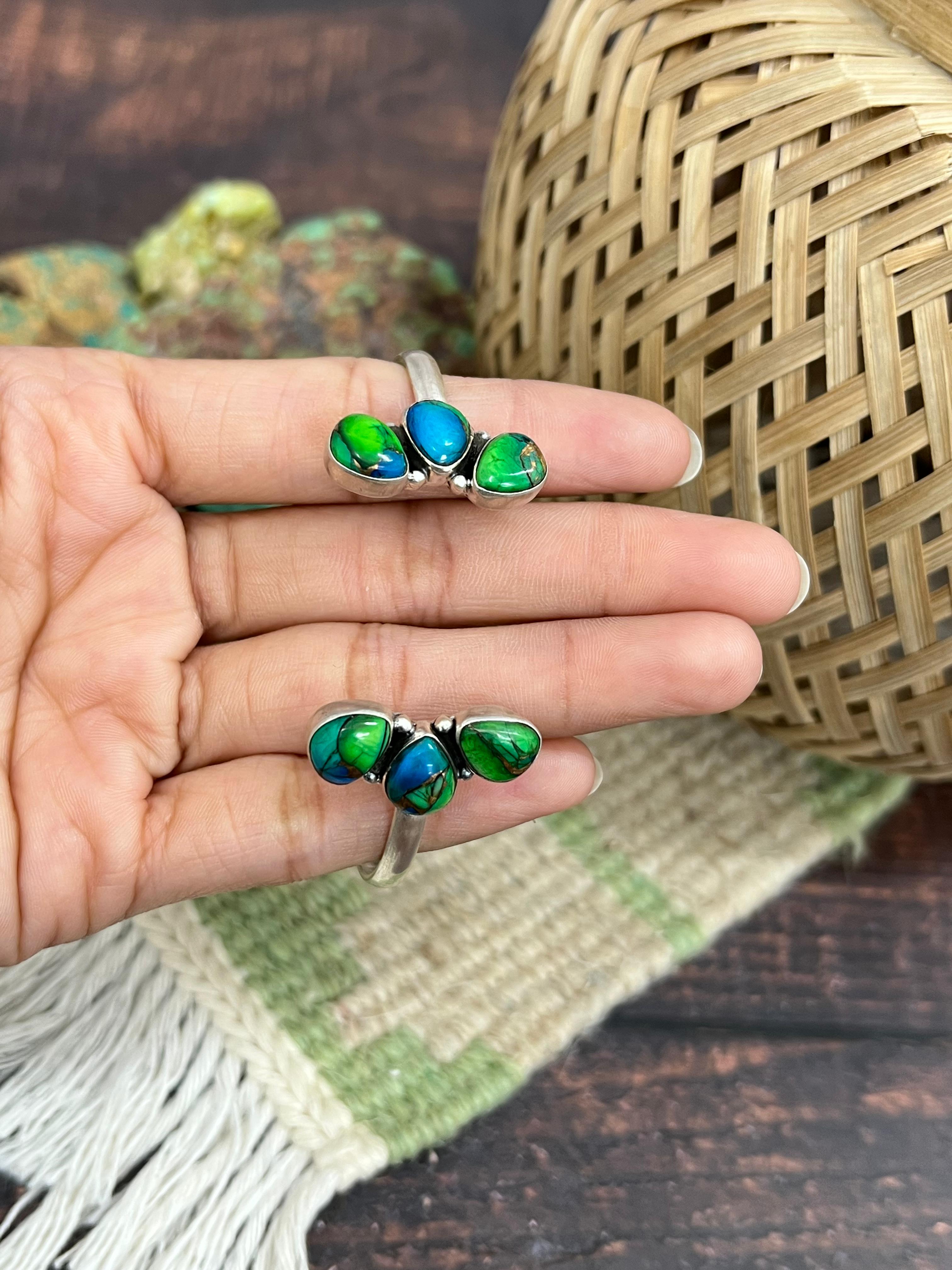 Handmade Sterling Silver Peacock Dahlia Cuff Bracelet with Signed Nizhoni