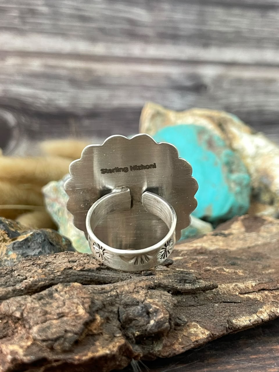 Handmade Sterling Silver Kingman Turquoise NFR Collection: Adjustable Ring Signed Nizhoni