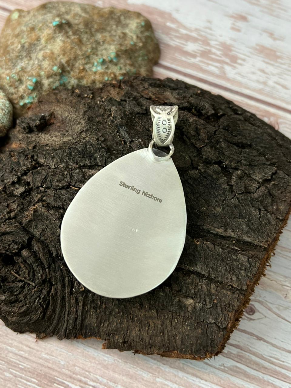 Handmade Sterling Silver White Water Turquoise Pendant with Signed Nizhoni (4)