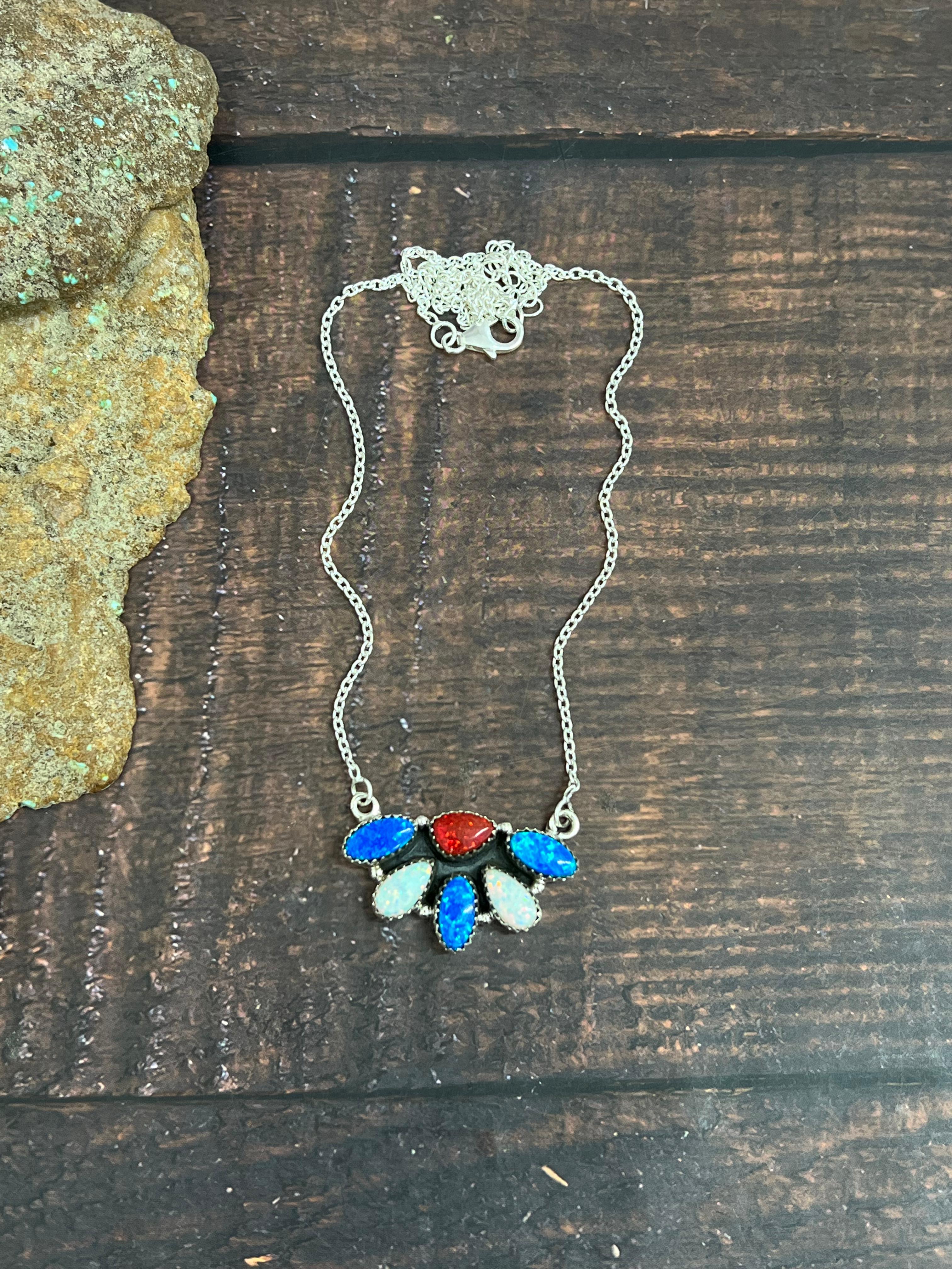 ** 4TH OF JULY ** Handmade Sterling Silver Synthetic Opal Necklace with Signed Nizhoni