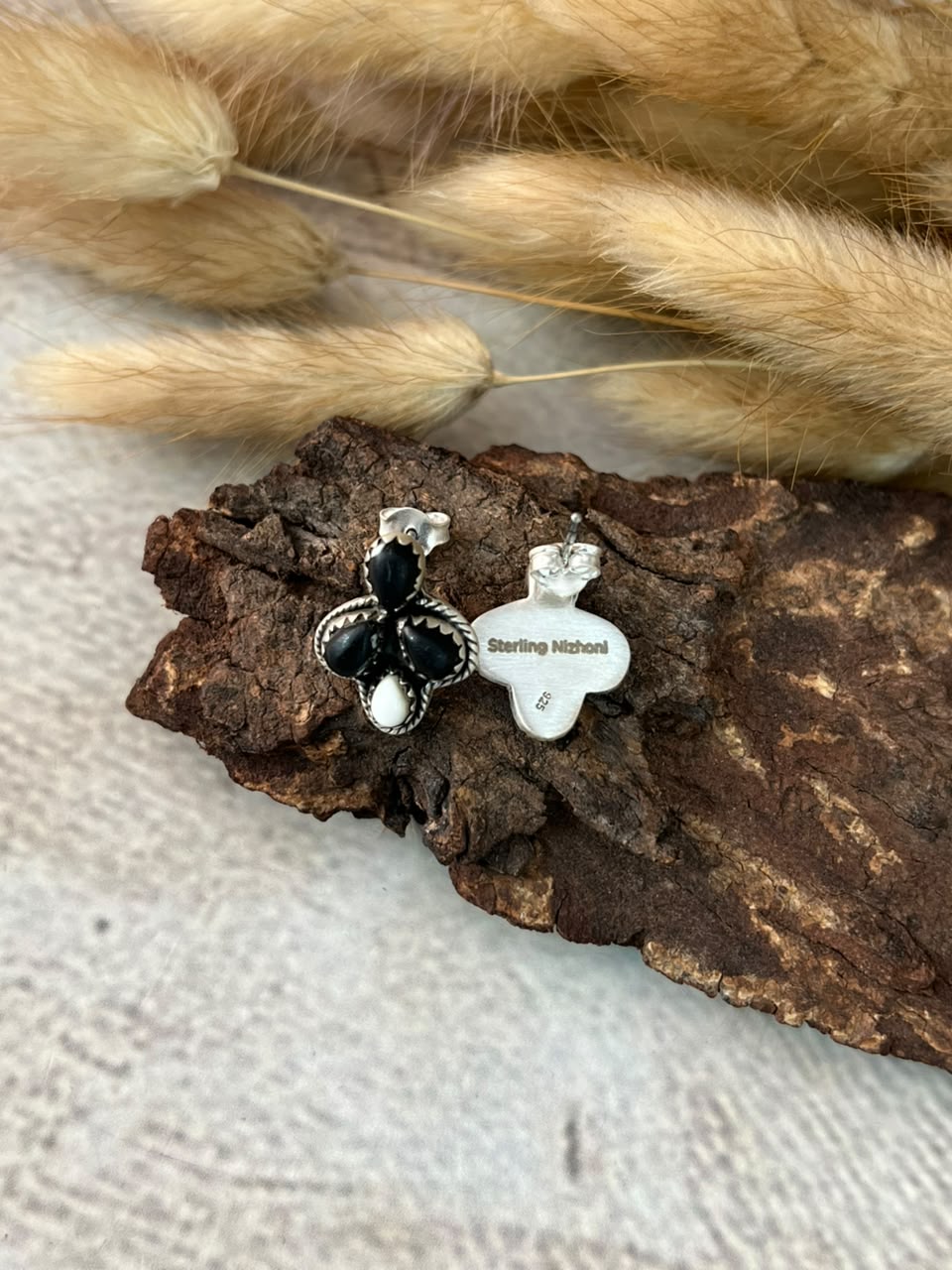 Handmade Sterling Silver White Buffalo Post Studs Earrings Signed Nizhoni