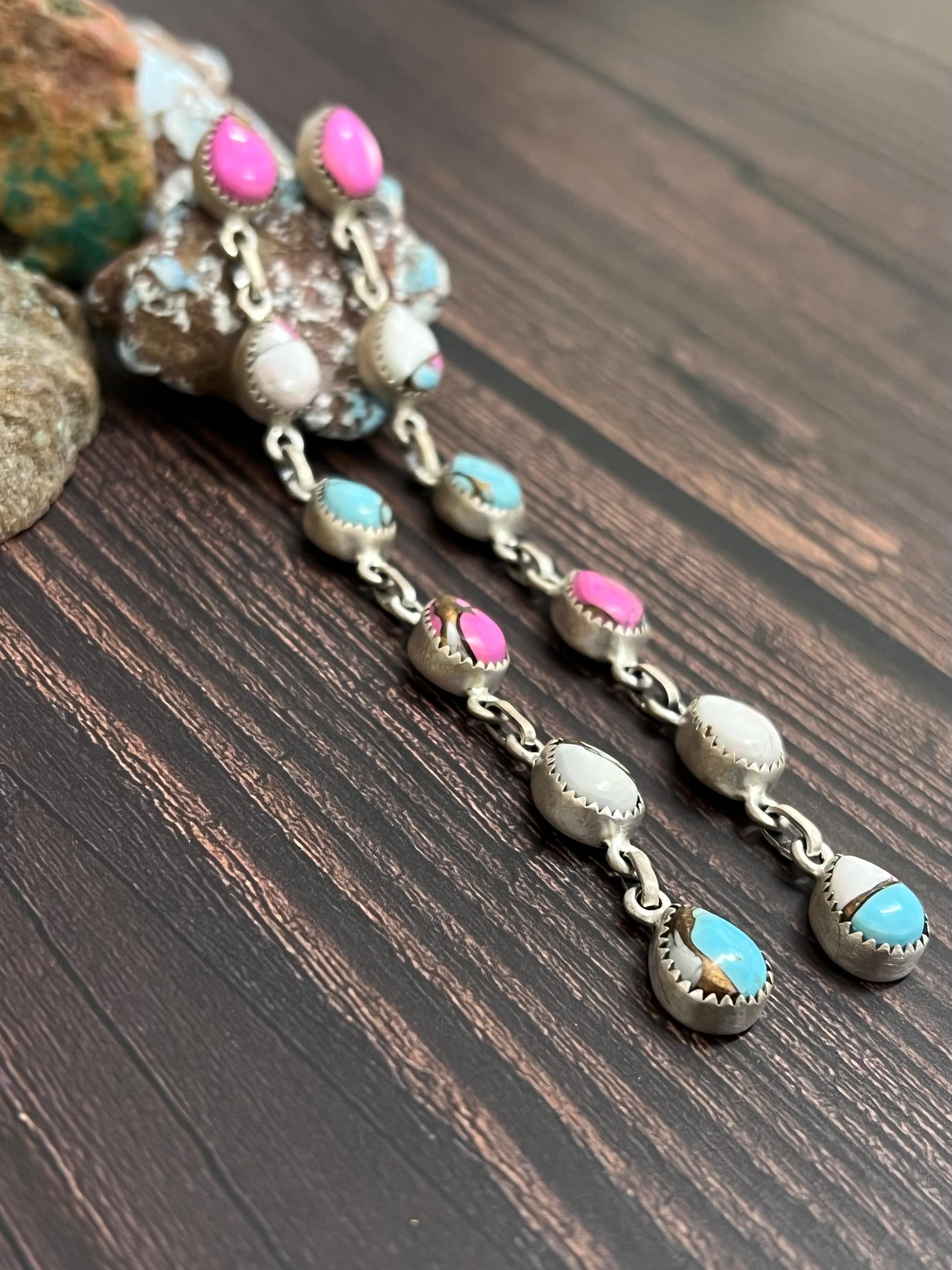 Handmade Sterling Silver Cotton Candy Turquoise Post Dangle Earrings with Signed Nizhoni