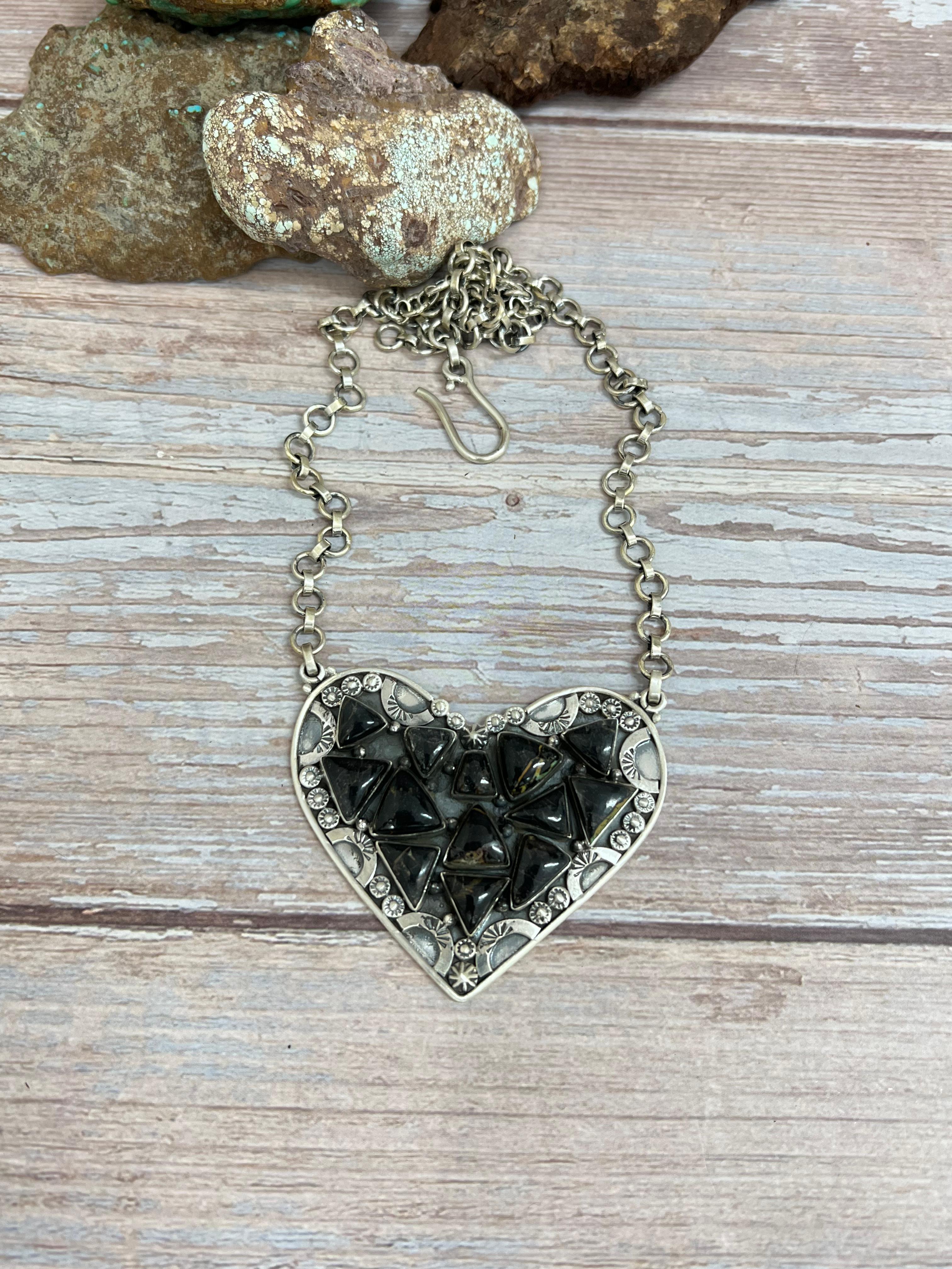 Handmade Sterling Silver Blackjack Turquoise Heart Necklace with Signed Nizhoni