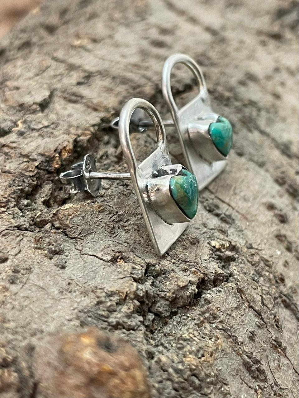 "Heart Collection" Handmade Sterling Silver Kingman Turquoise Post Studs Earrings "Signed Nizhoni"