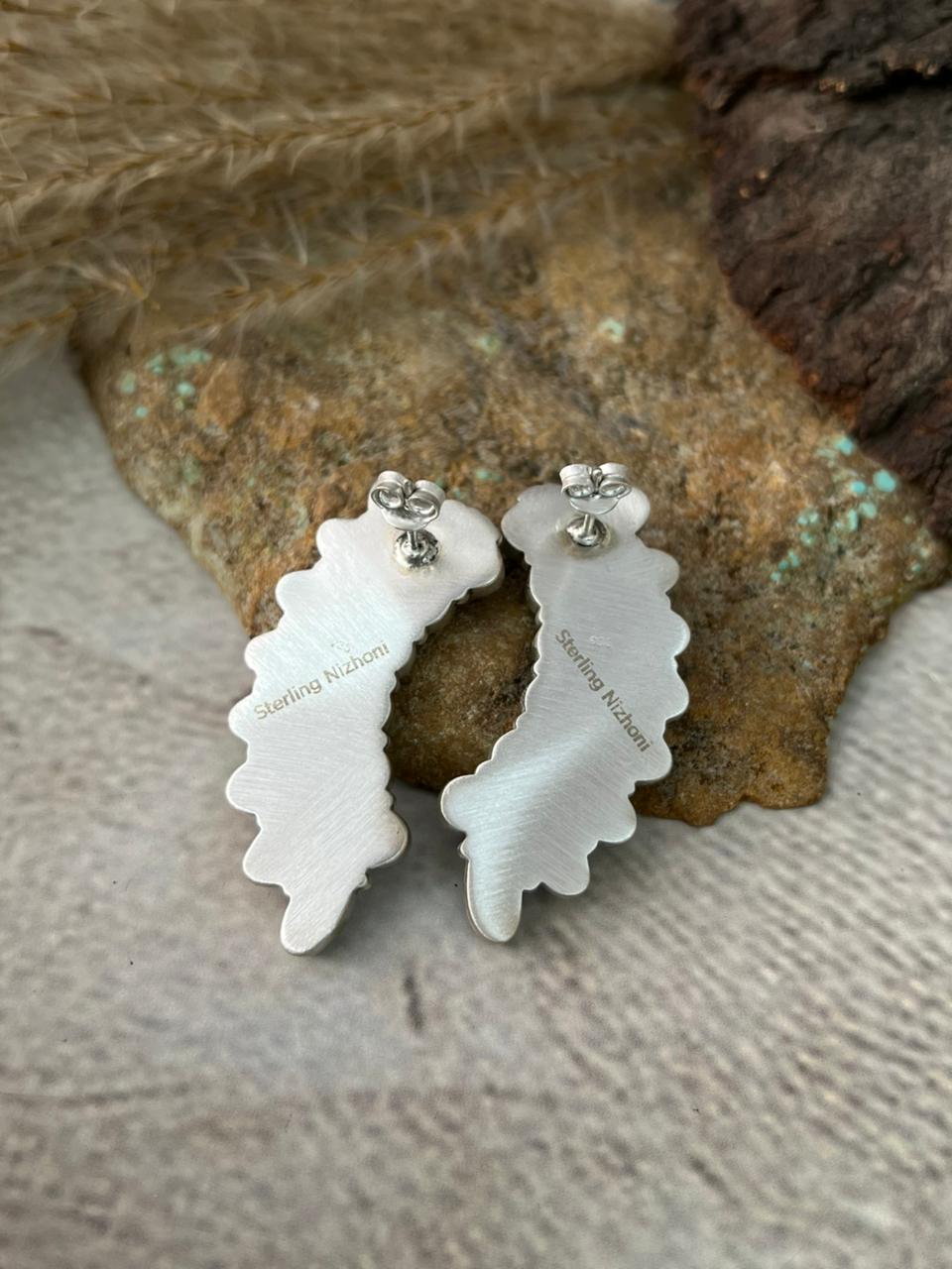 Handmade Sterling Silver White Buffalo Post Studs Earrings "Signed Nizhoni"