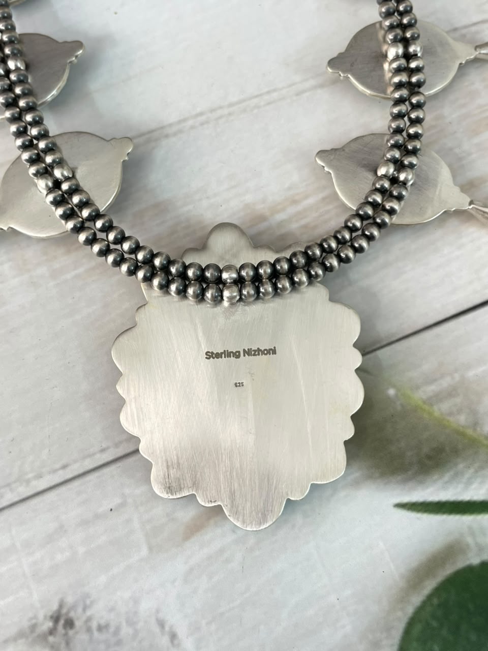 Handmade Sterling Silver Crimson Cowgirl Turquoise Collection: Beaded Squash Blossom Necklace Signed Nizhoni