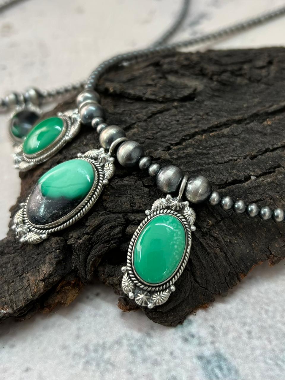 Handmade Sterling Silver Beaded Emerald Rose Necklace "Signed Nizhoni"