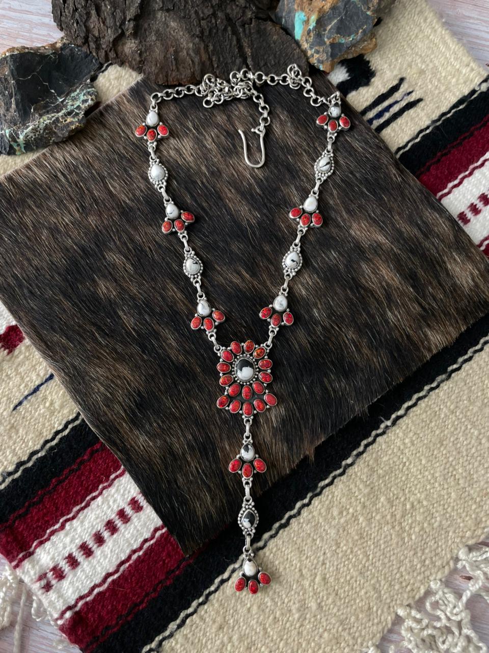 Handmade Sterling Silver White Buffalo with Red Opal Necklace "Signed Nizhoni"