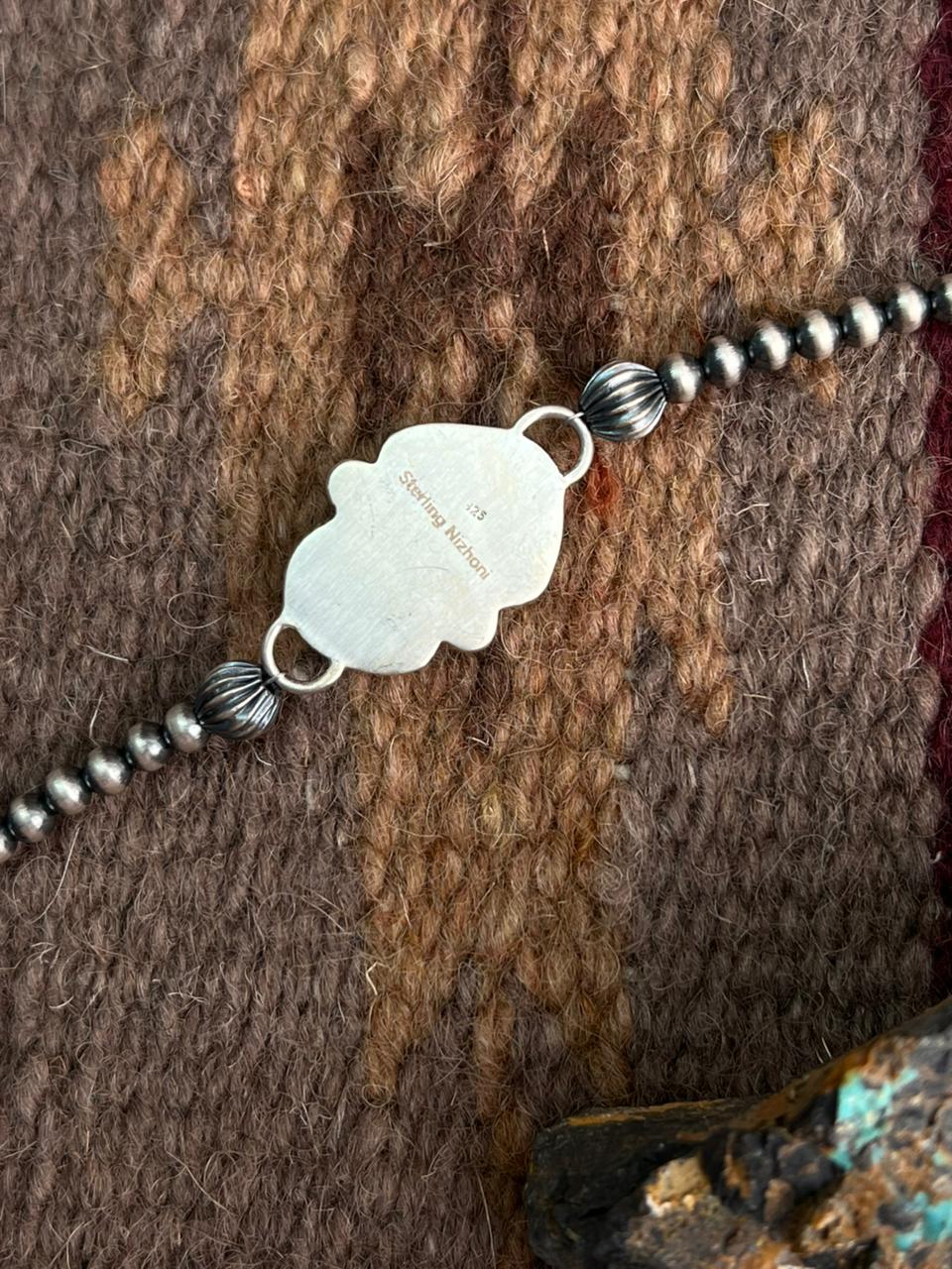 Handmade Sterling Silver Dahlia Rose with Emerald Valley Turquoise Beaded Bracelet "Signed Nizhoni"