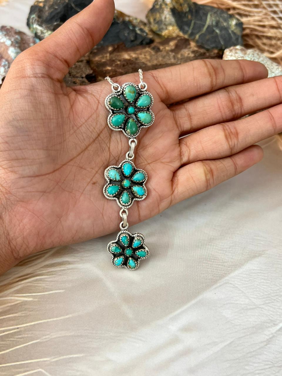 Handmade Sterling Silver Kingman Turquoise Drop Necklace "Signed Nizhoni"