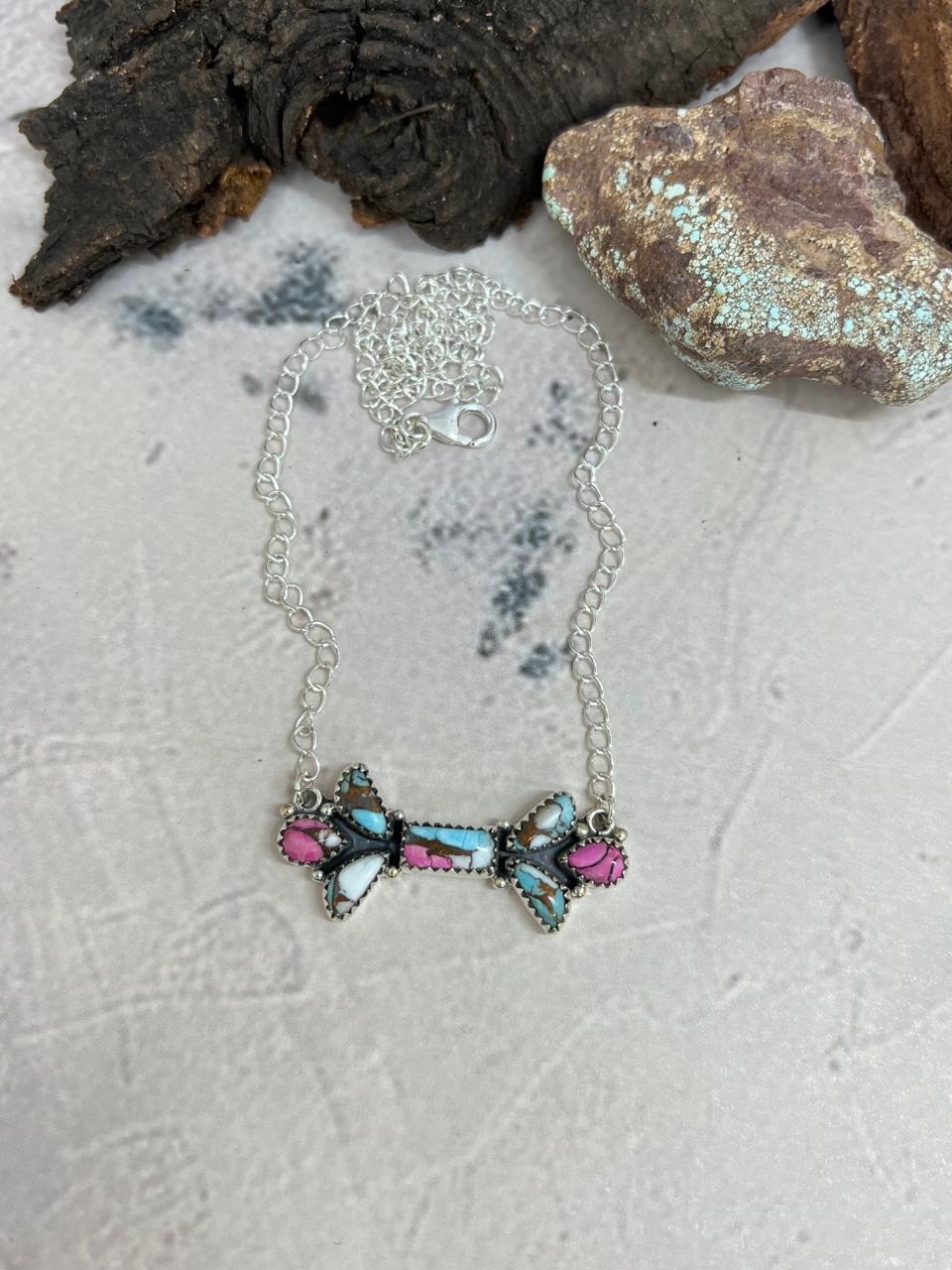 Handmade Sterling Silver Cotton Candy Turquoise Necklace with Signed Nizhoni