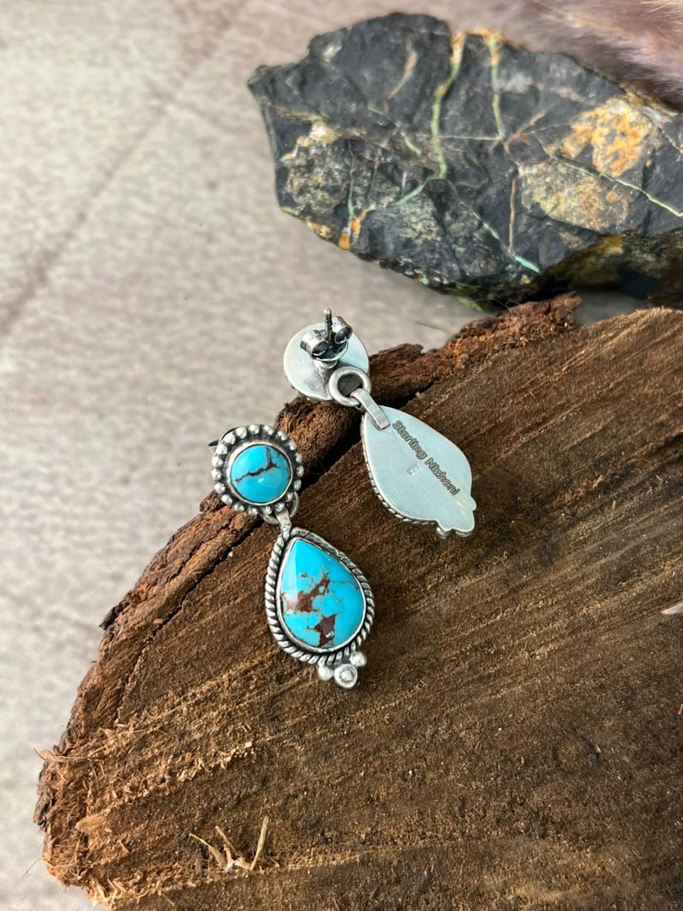 Handmade Sterling Silver Egyptian Turquoise Post Dangle Earrings Signed Nizhoni