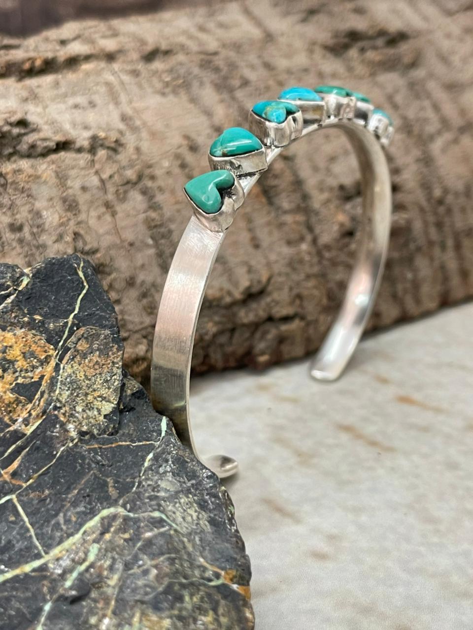 "Heart Collection" Handmade Sterling Silver Kingman Turquoise Bracelet "Signed Nizhoni"