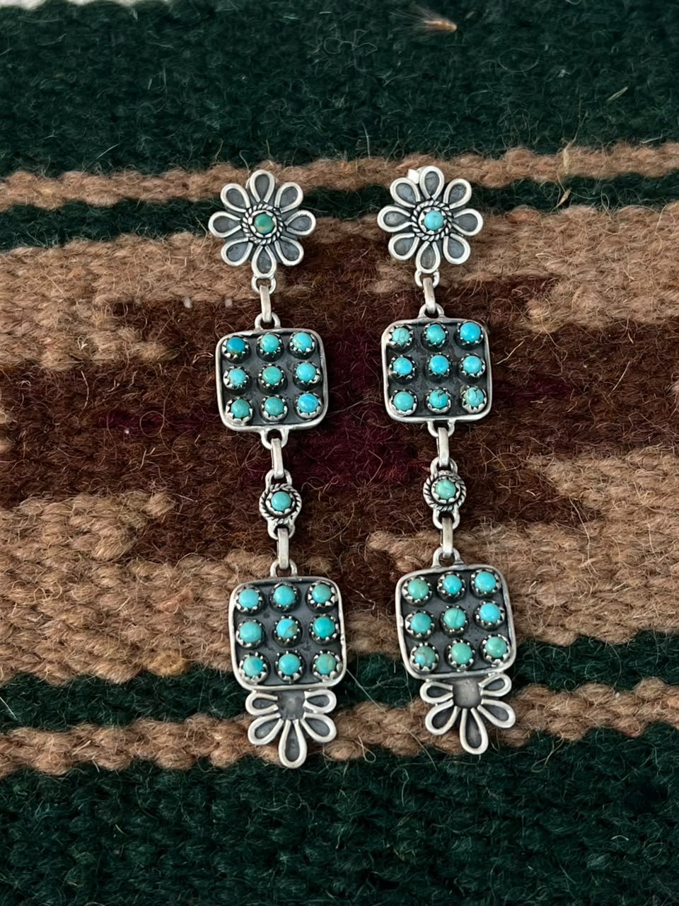 Handmade Sterling Silver Kingman Turquoise Post Dangle Earrings Signed Nizhoni