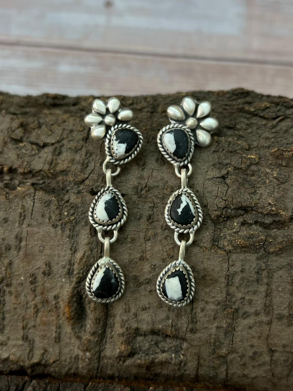 Handmade Sterling Silver White Buffalo Post Dangle Earrings "Signed Nizhoni"