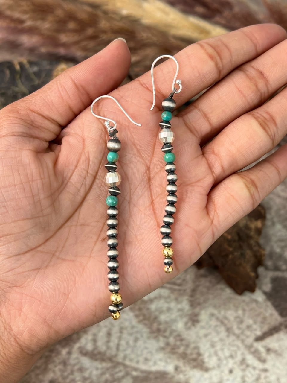 Handmade Sterling Silver Kingman Turquoise Shiny Golden Hook Dangle Beaded Earrings