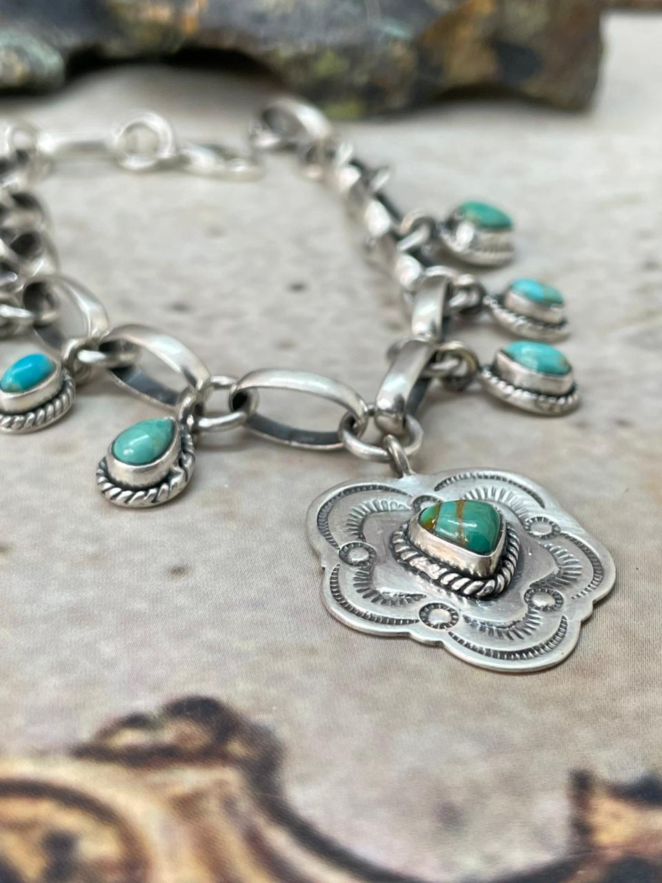 "Heart Collection" Handmade Sterling Silver Kingman Turquoise Chain Bracelet "Signed Nizhoni"