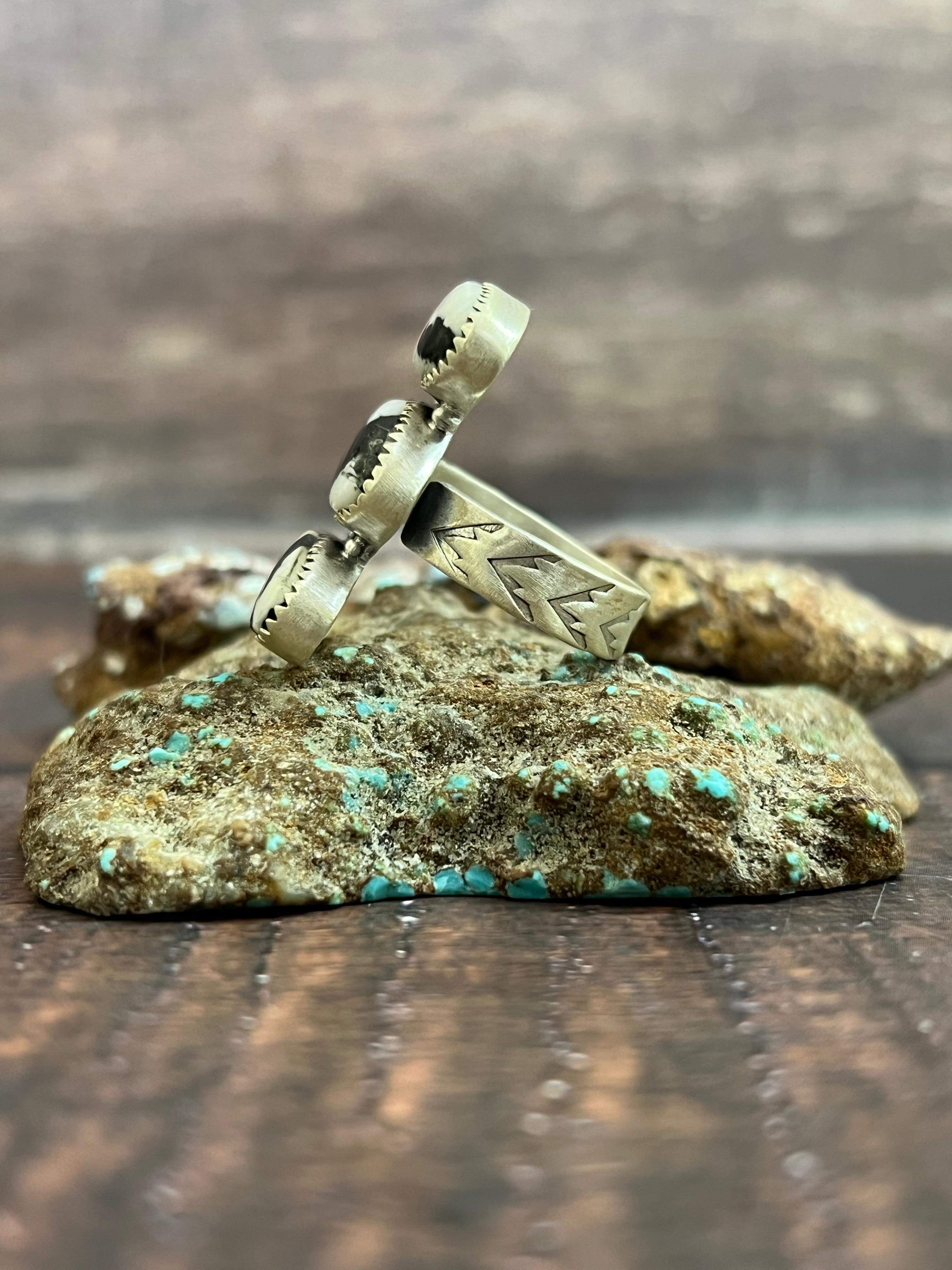 Handmade Sterling Silver White Buffalo Adjustable Ring, Signed Nizhoni