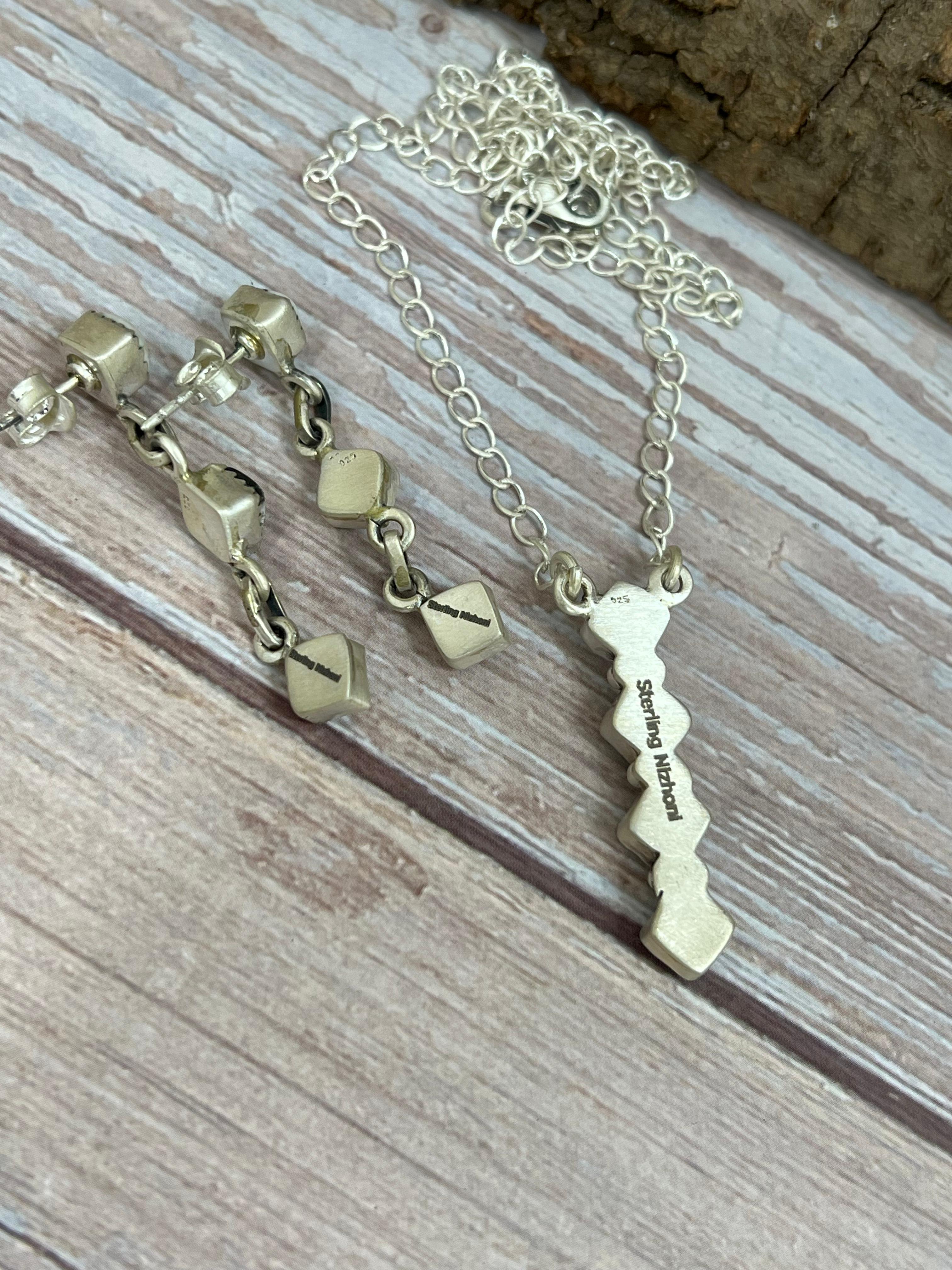 Handmade Sterling Silver White Buffalo Necklace & Earrings Set Signed Nizhoni