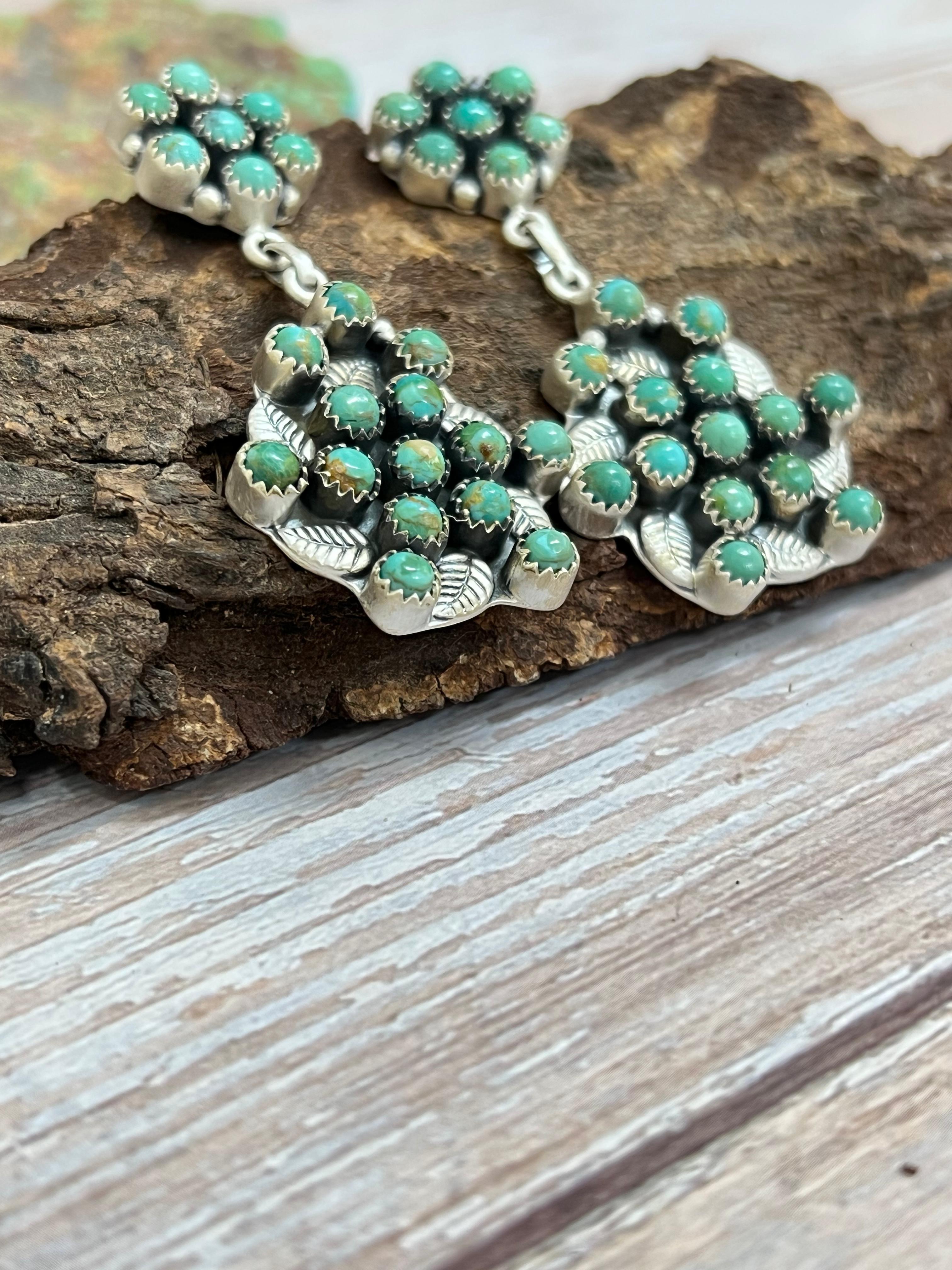 Handmade Sterling Silver Kingman Turquoise Post Dangle Earrings with Signed Nizhoni