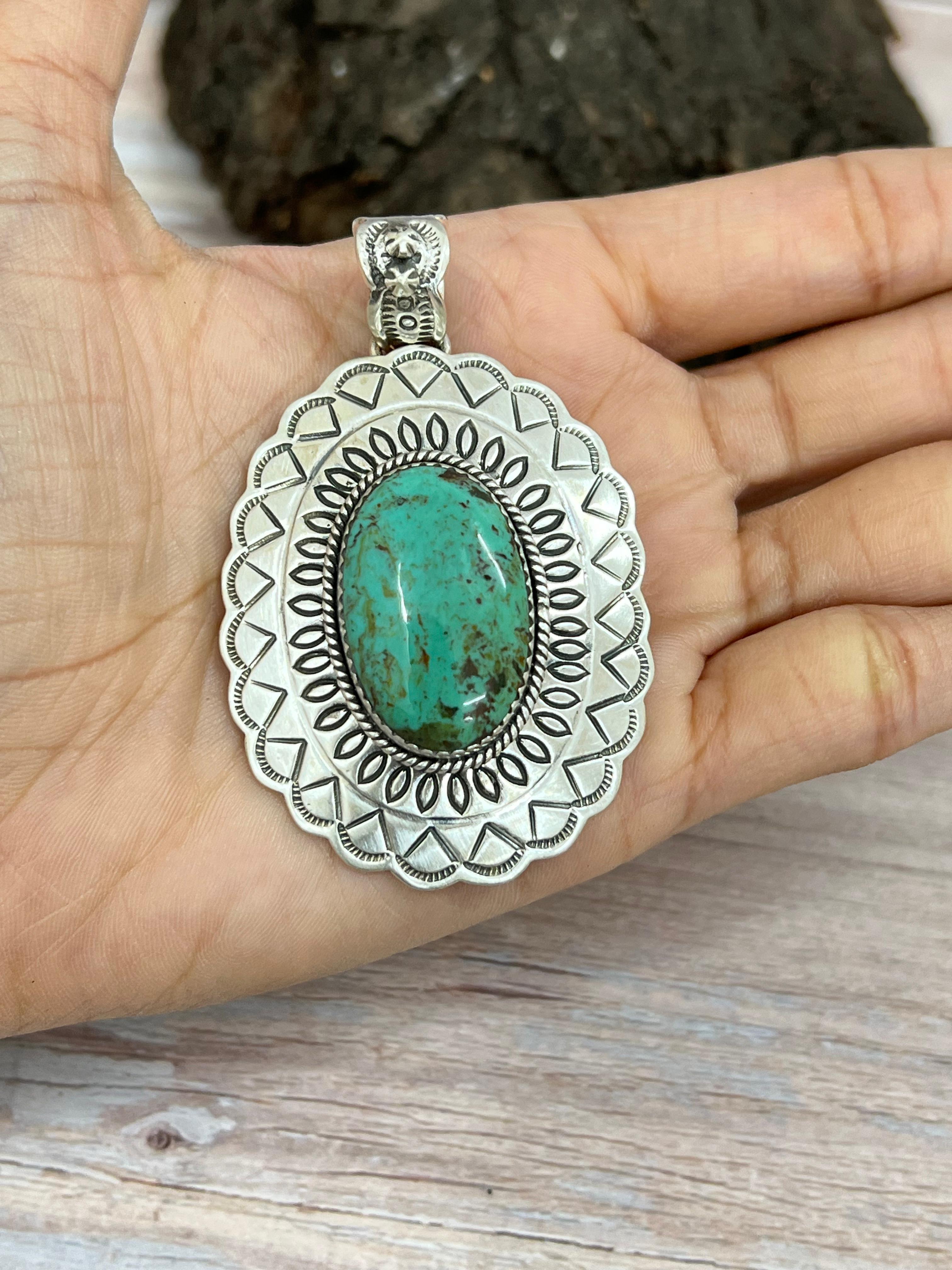 Handmade Sterling Silver Kingman Turquoise Pendant with Signed Nizhoni