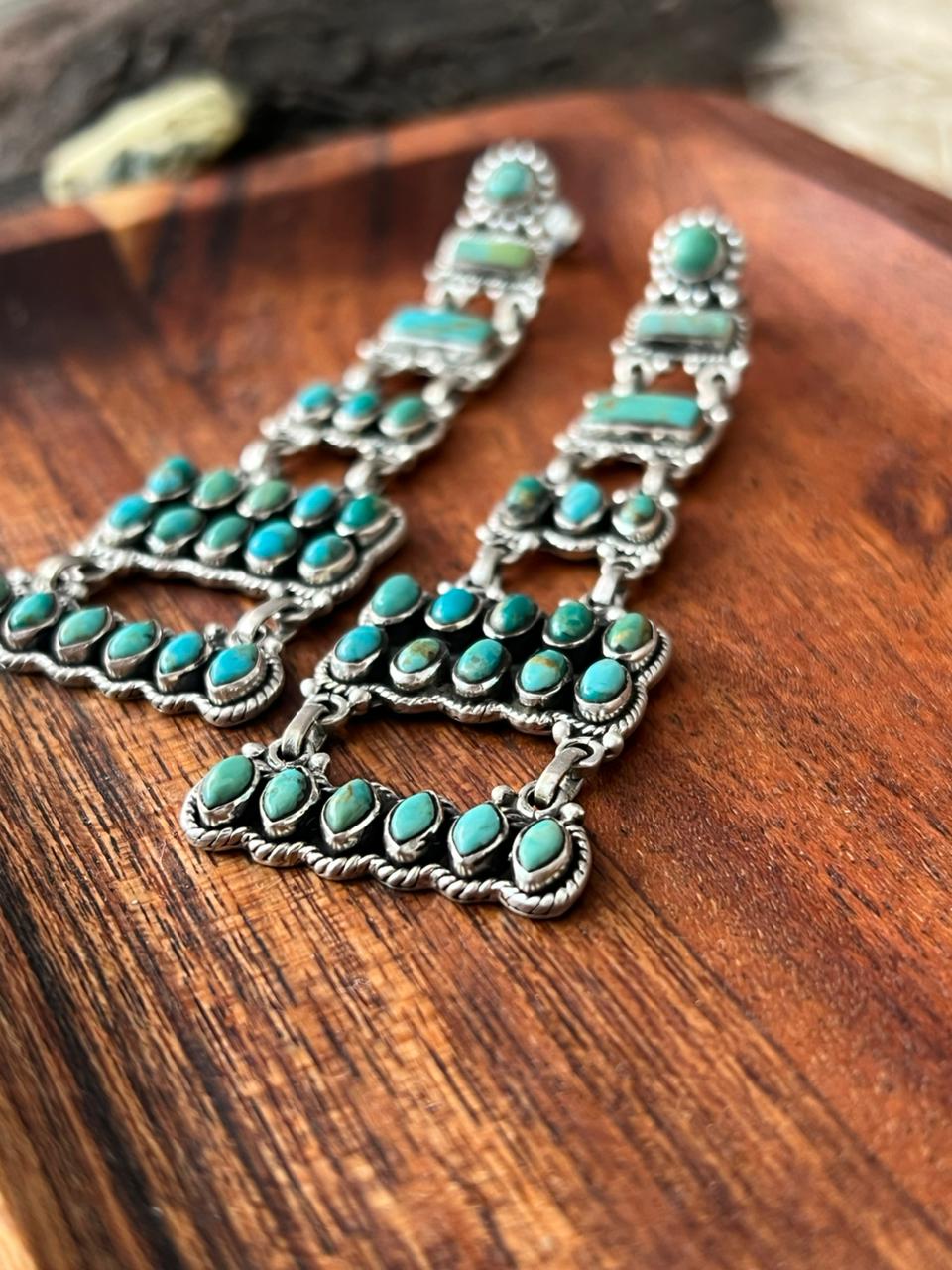 Handmade Sterling Silver Kingman Turquoise Post Dangle Earrings "Signed Nizhoni"
