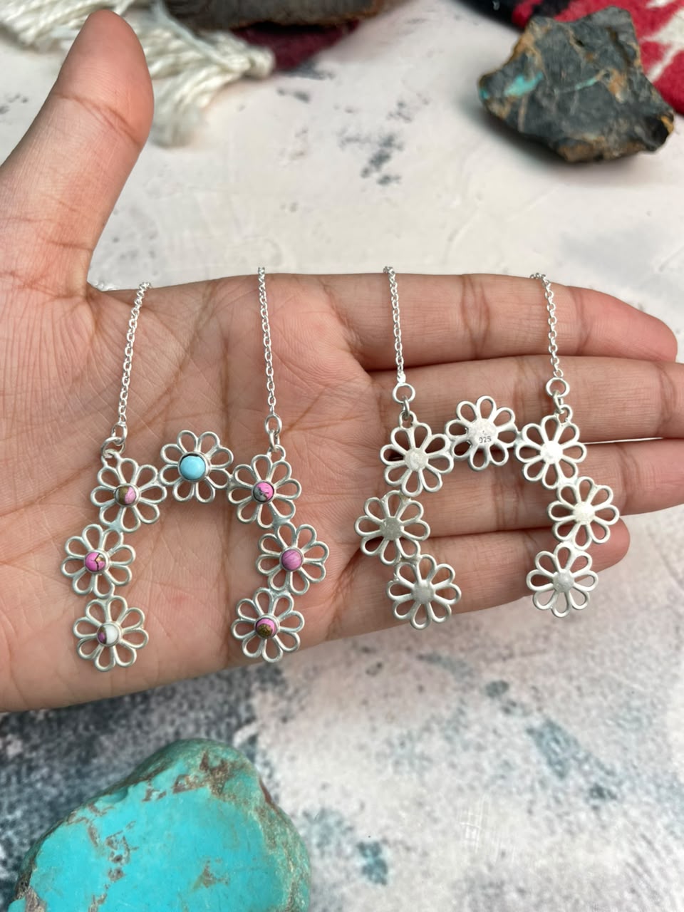Handmade Sterling Silver Cotton Candy and Kingman Turquoise Flower Collection: Naja Necklace