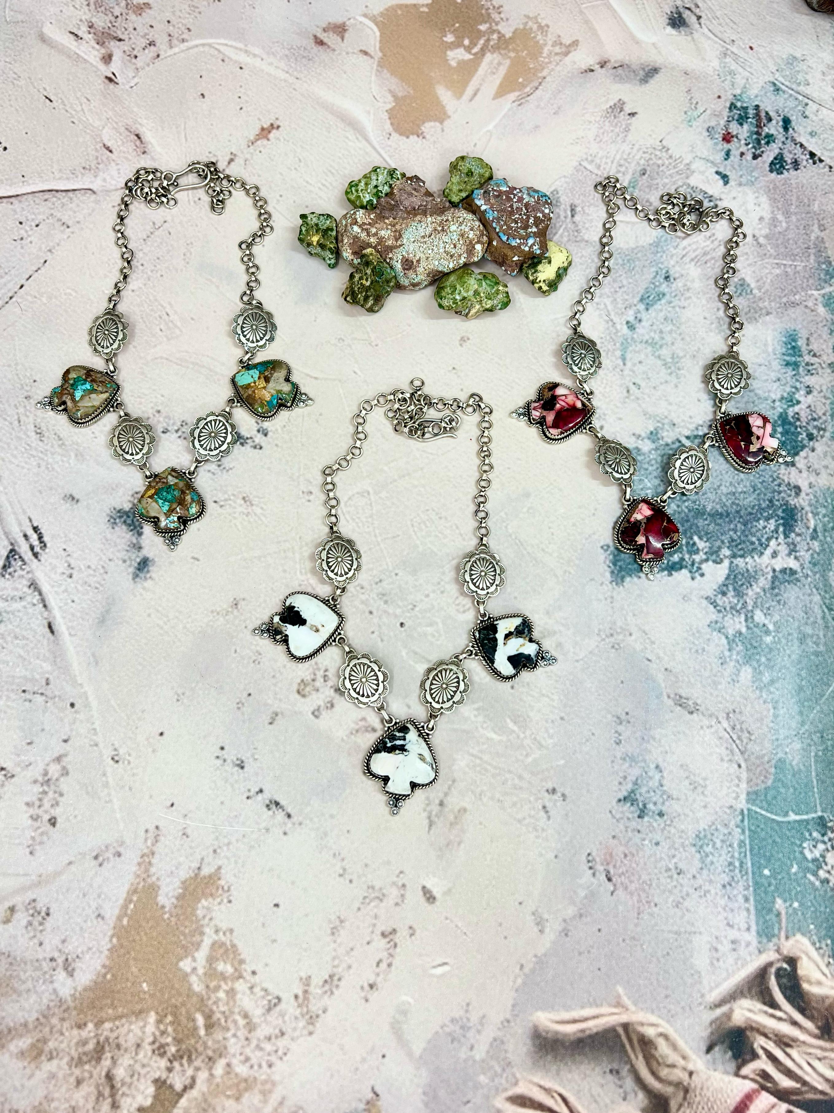 Handmade Sterling Silver White Buffalo, Royston Turquoise, Dahlia Rose Necklace, Signed Nizhoni