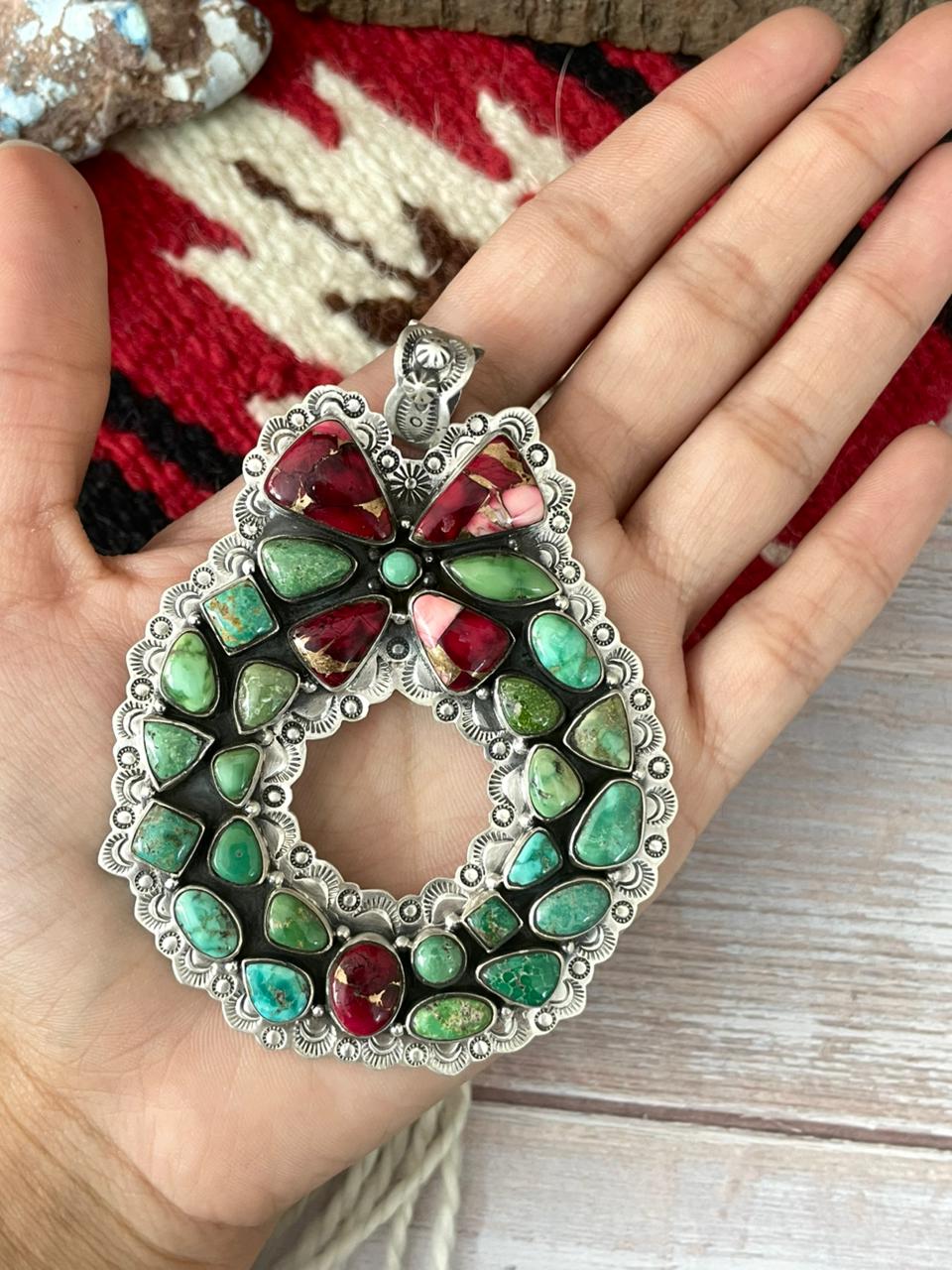 Handmade Sterling Silver Dahlia Rose with Emerald Valley Turquoise Pendant "Signed Nizhoni"