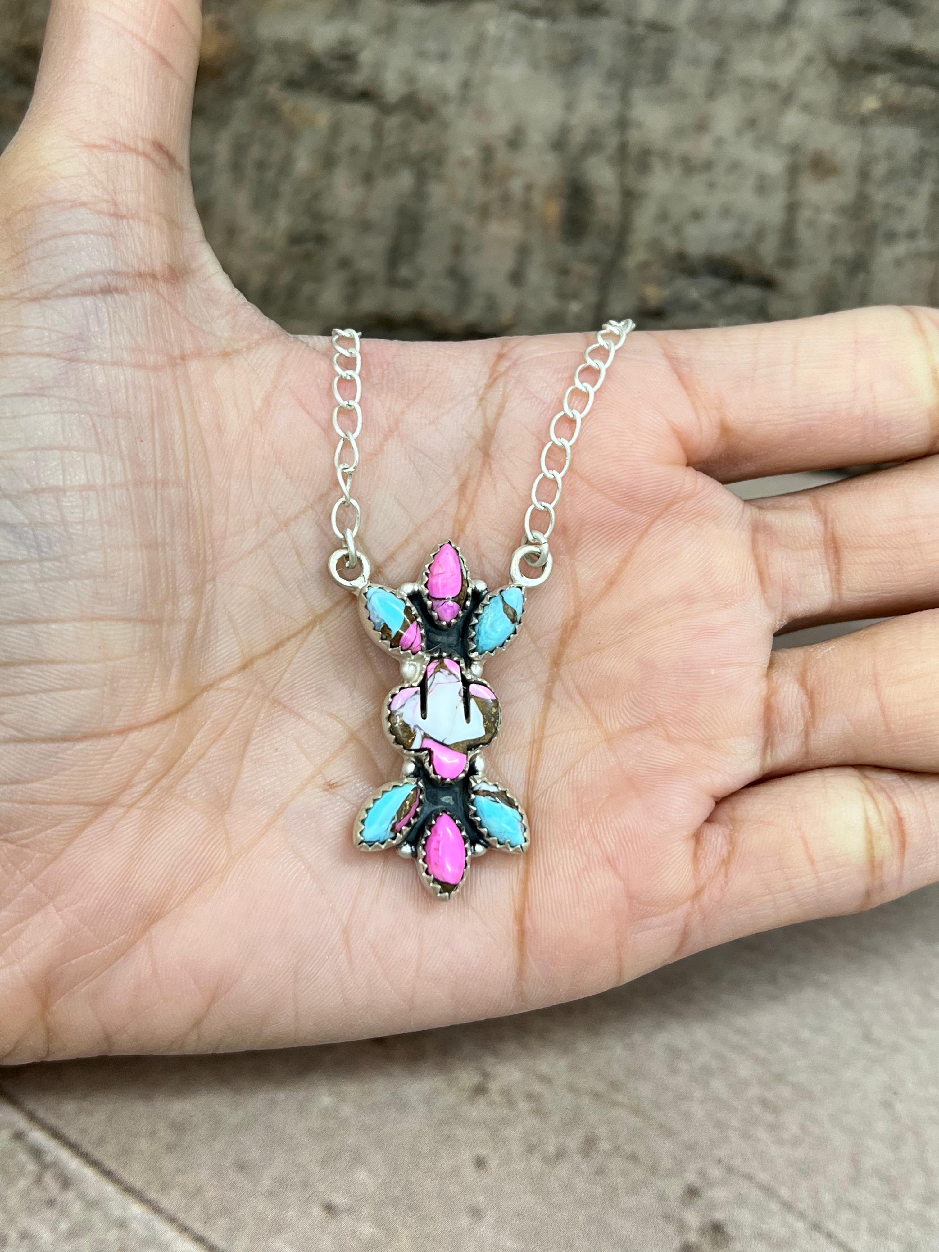 Handmade Sterling Silver Cotton Candy Turquoise Necklace with Signed Nizhoni