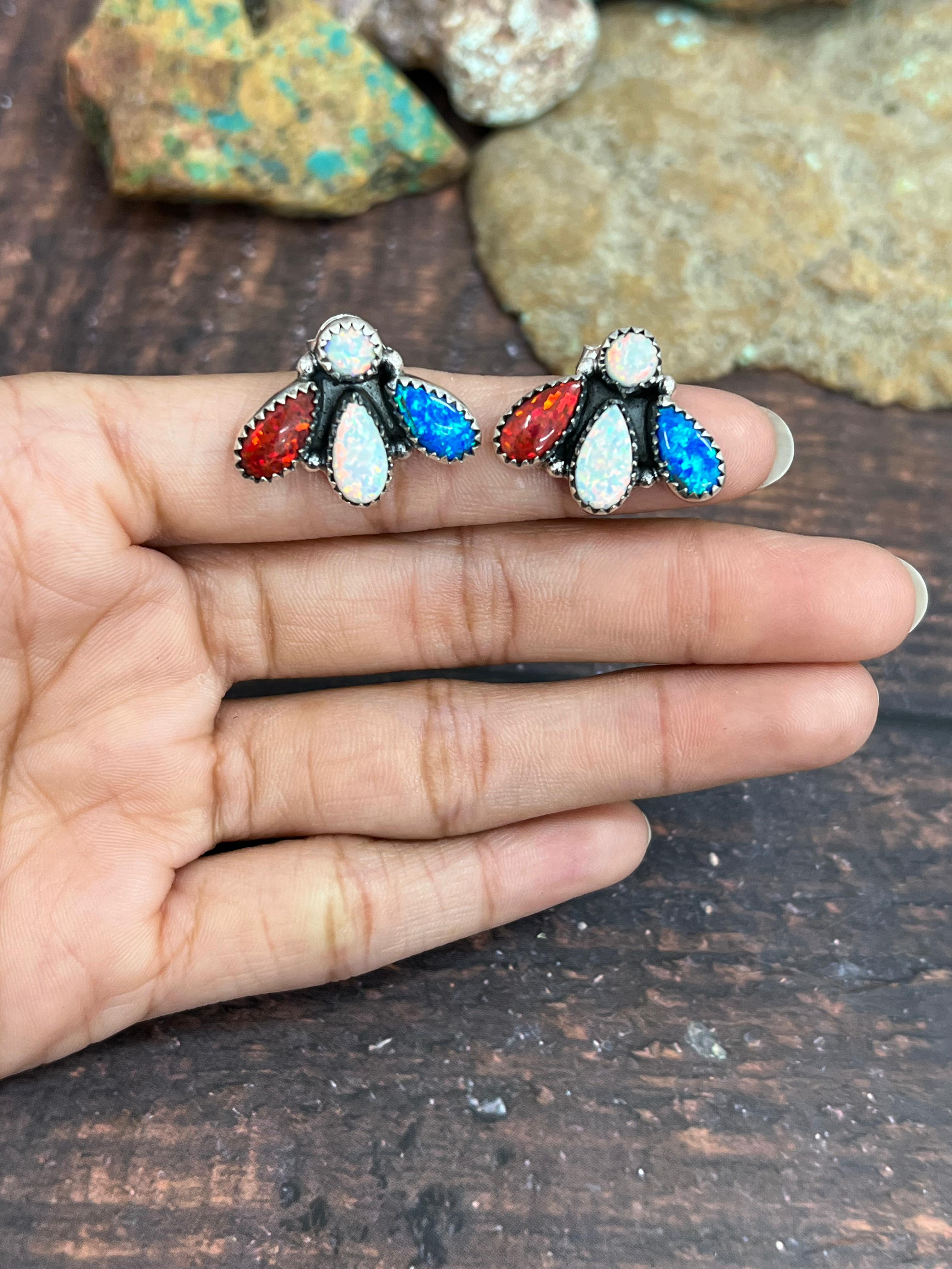 ** 4TH OF JULY ** Handmade Sterling Silver Synthetic Opal Post Earrings with Signed Nizhoni