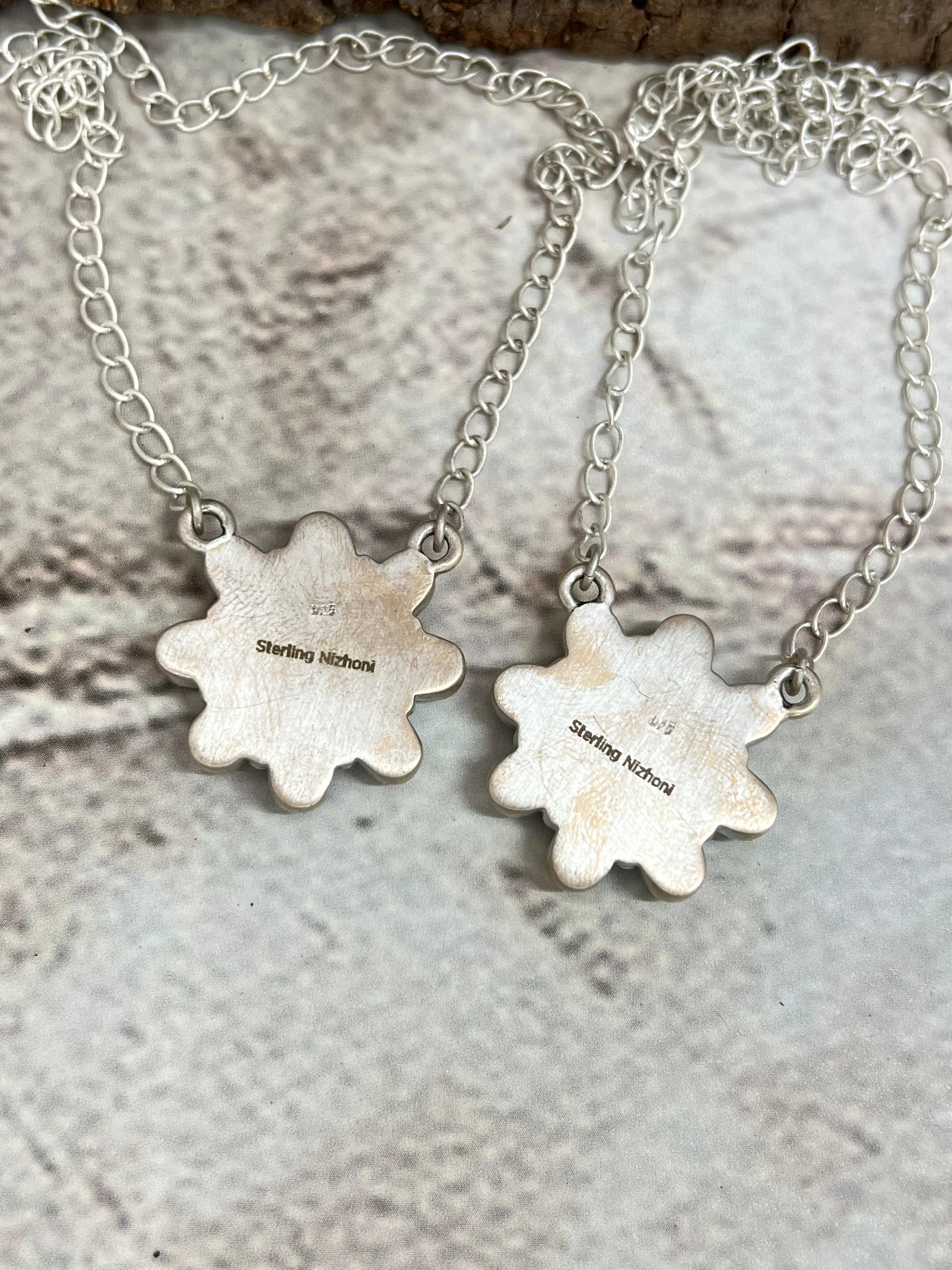 Handmade Sterling Silver Peacock Dahlia, Cotton Candy Turquoise Necklace with Signed Nizhoni