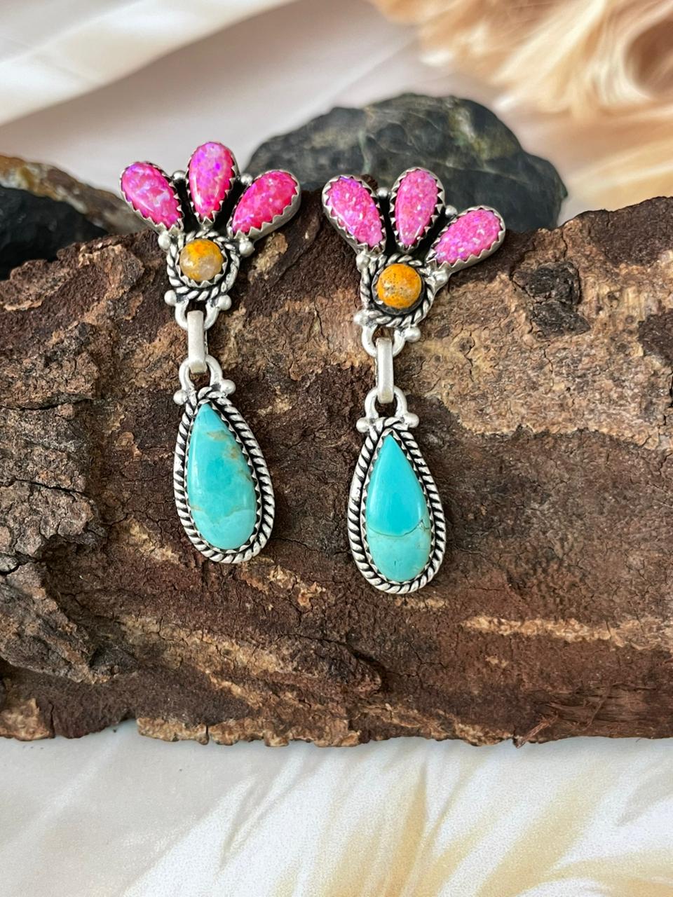 Handmade Sterling Silver Spring Collection: Hot Pink with Bumblebee and Kingman Post Dangle Earrings "Signed Nizhoni"