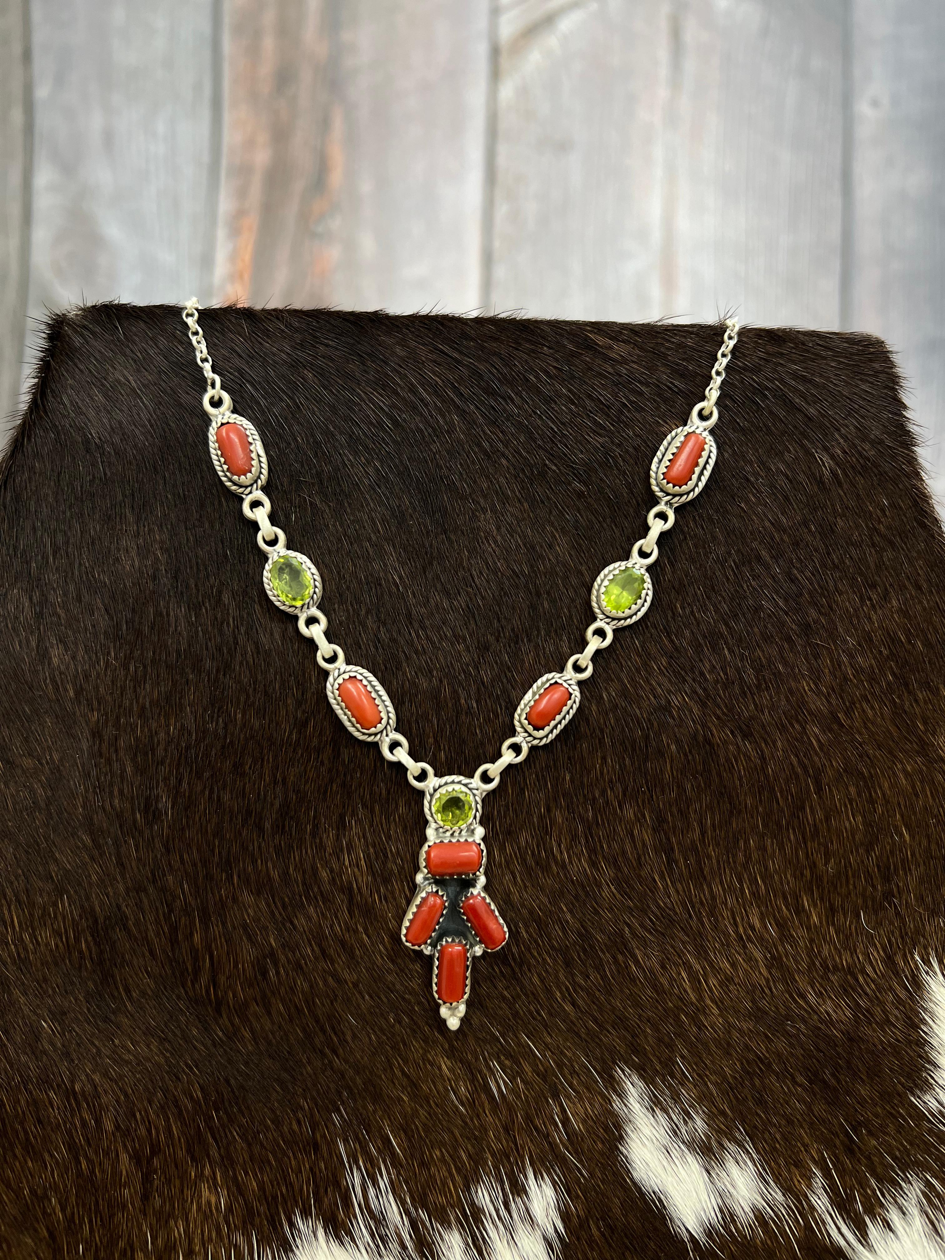 Christmas Collection Handmade Sterling Silver Coral with Peridot Necklace with Signed Nizhoni