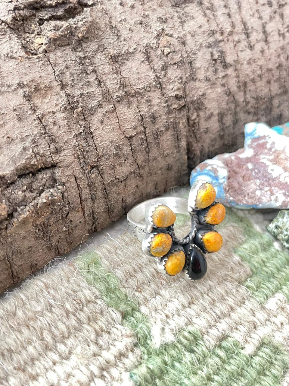 "Halloween Collection" Handmade Sterling Silver Black Onyx, Bumblebee Naja Adjustable Ring with Signed Nizhoni