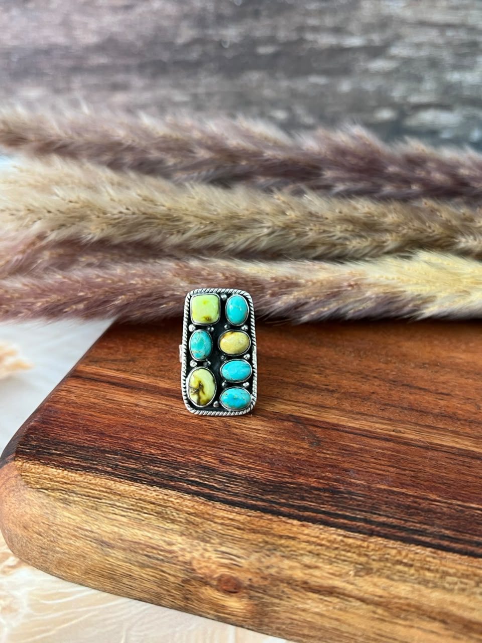 Handmade Sterling Silver Kingman with Palomino Turquoise Bar Adjustable Ring Signed Nizhoni