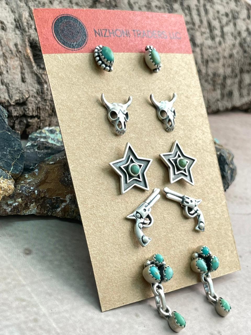 Handmade Sterling Silver Kingman Turquoise Post Studs Earrings Set