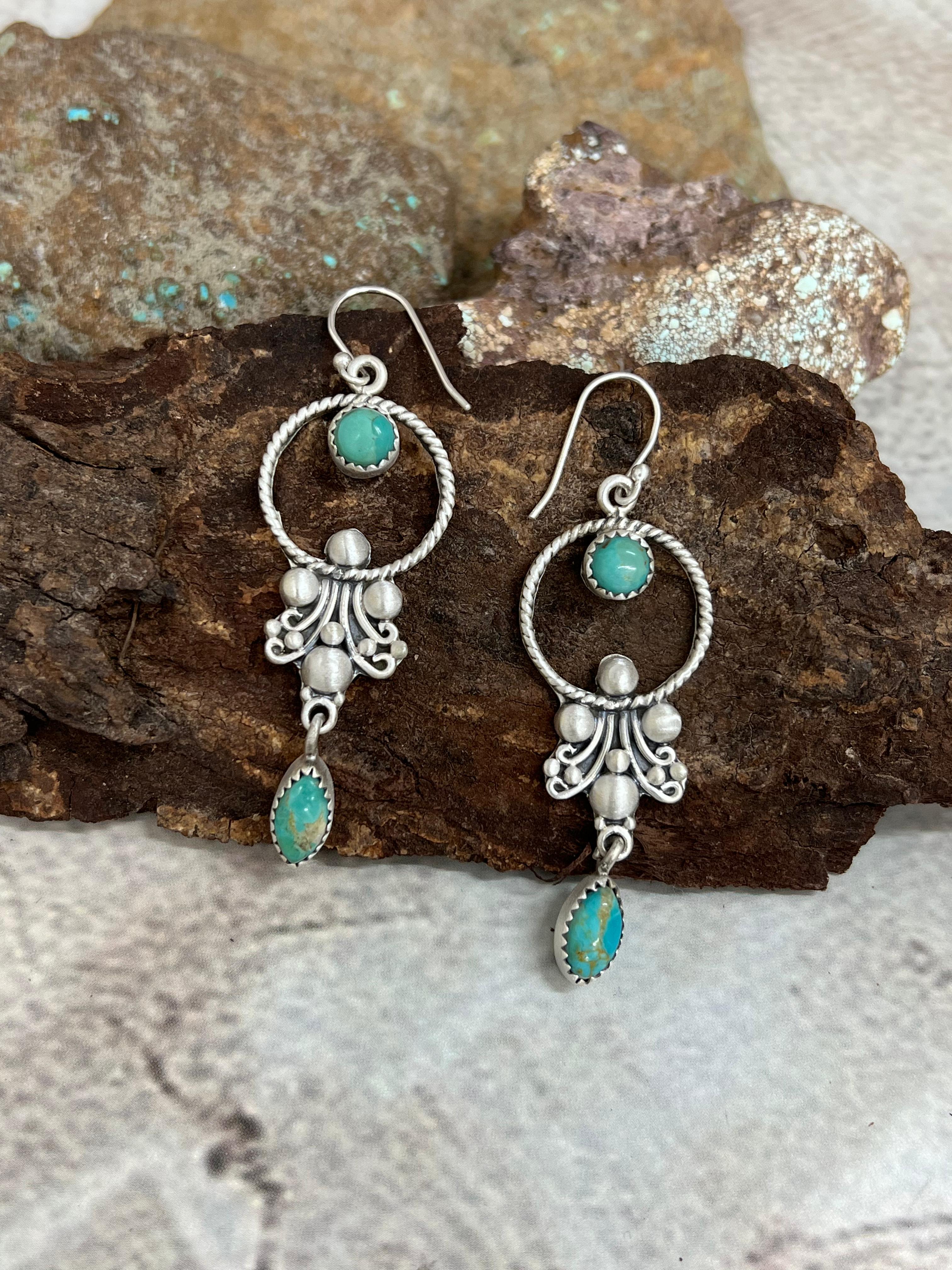 Handmade Sterling Silver Kingman Turquoise Hook Earrings with Signed Nizhoni