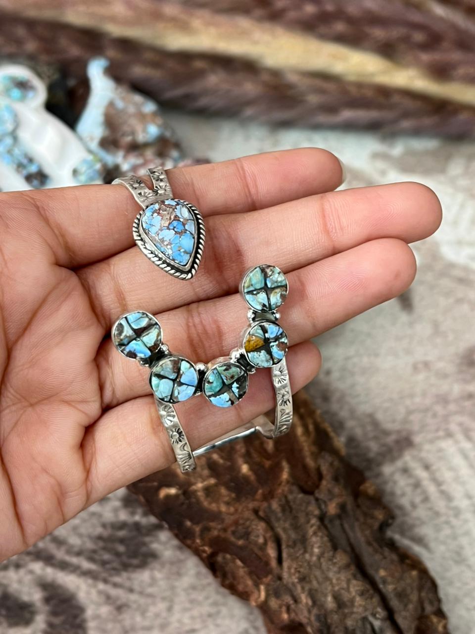 Handmade Sterling Silver Golden Hills Turquoise Cobble Collection Bracelet "Signed Nizhoni"