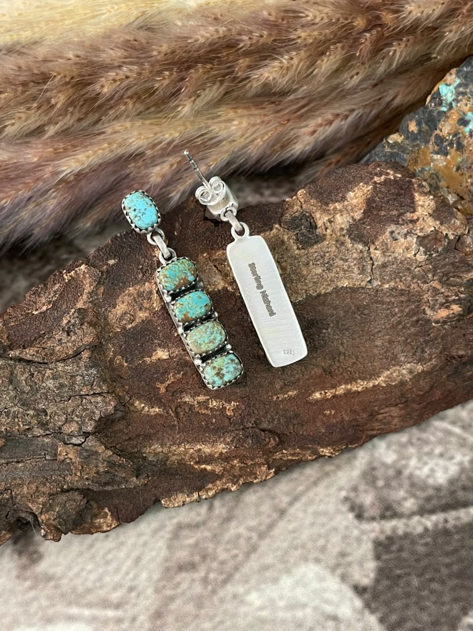 Handmade Sterling Silver Number 8 Turquoise Collection: Post Dangle Earrings Signed Nizhoni