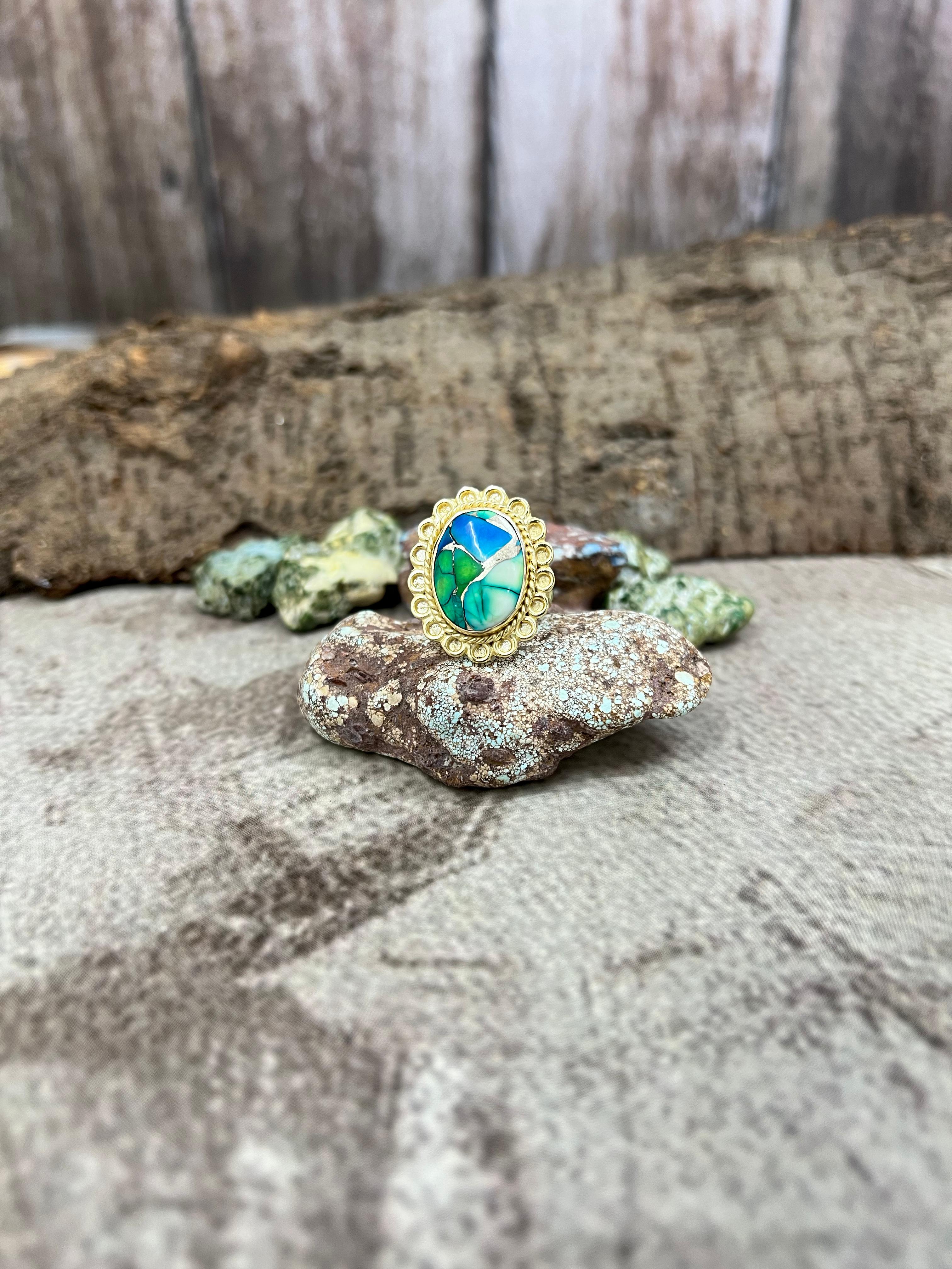 “The Golden Collection” Natural Peacock Dahlia Adjustable Ring